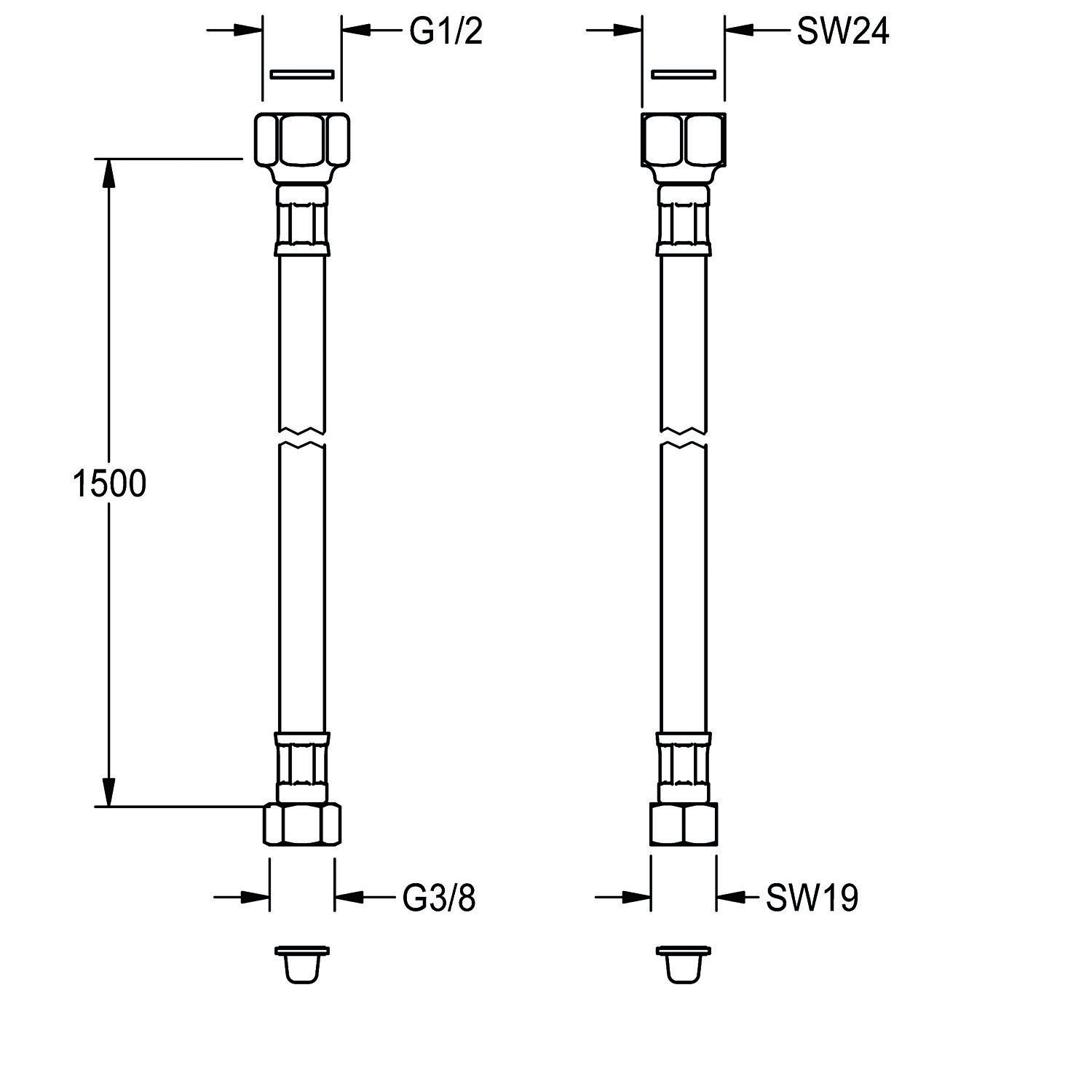 Technische Zeichnung von zwei flexiblen Wasserschlauchverbindern. Jeder zeigt Maßangaben; links 1500 mm und verwendet G1/2-, G3/8-Anschlüsse; rechts verwendet SW24-, SW19-Anschlüsse.