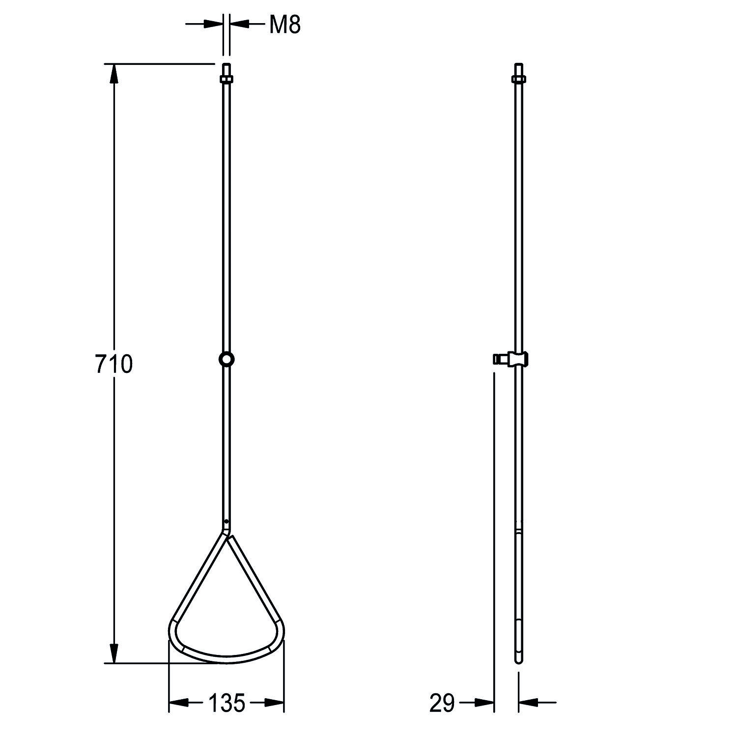 Technische Zeichnung einer Stützstange mit Dreiecksgriff, Abmessungen dargestellt als 710 mm Länge, 135 mm Breite am Griff, M8 Schraubenmessung.