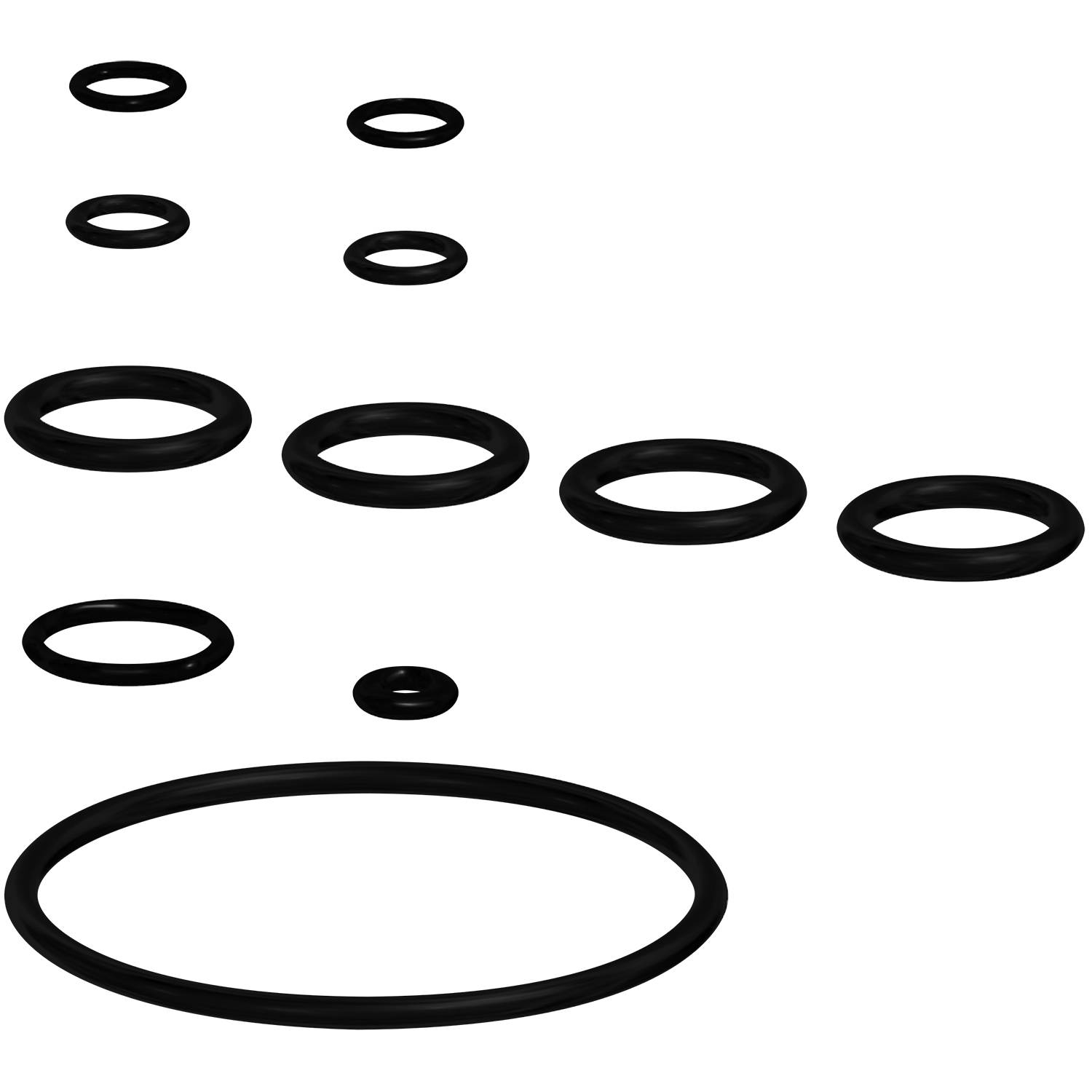 Eine Reihe von transparenten schwarzen Ringen unterschiedlicher Größen sind auf einem schwarzen Hintergrund angeordnet, wodurch ein schwebender oder geschichteter Eindruck entsteht.