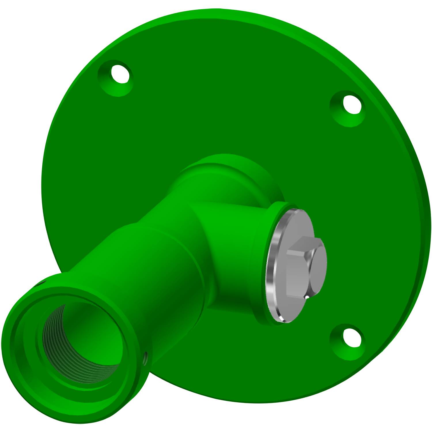 Ein grünes, wandmontiertes Rohranschluss-Fitting mit Gewindeöffnung und zwei seitlichen Befestigungslöchern, entwickelt für Sanitärverbindungen.