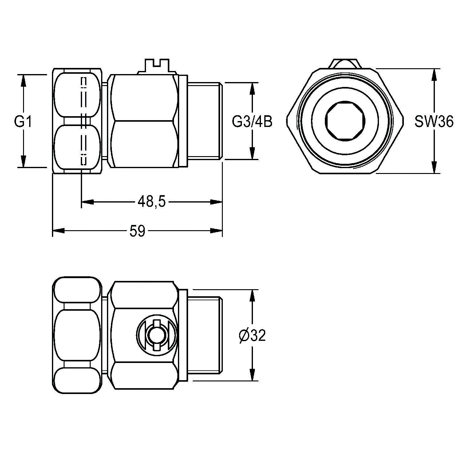 Eine technische Zeichnung eines Ventils mit beschrifteten Abmessungen. Seitenansicht zeigt 48,5 mm und 59 mm Längen; Draufsicht hat G3/4B- und SW36-Maßangaben.