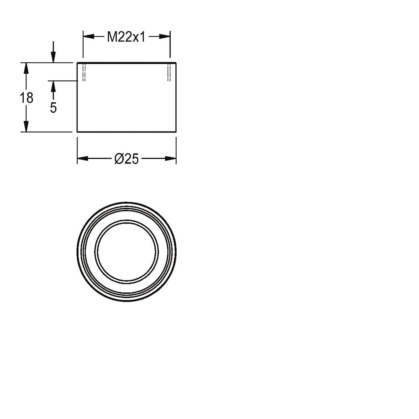 Technische Zeichnung eines zylindrischen Gewindeteils, bezeichnet mit M22x1, 18 mm hoch und 25 mm Durchmesser, mit Draufsicht und Vorderansicht.