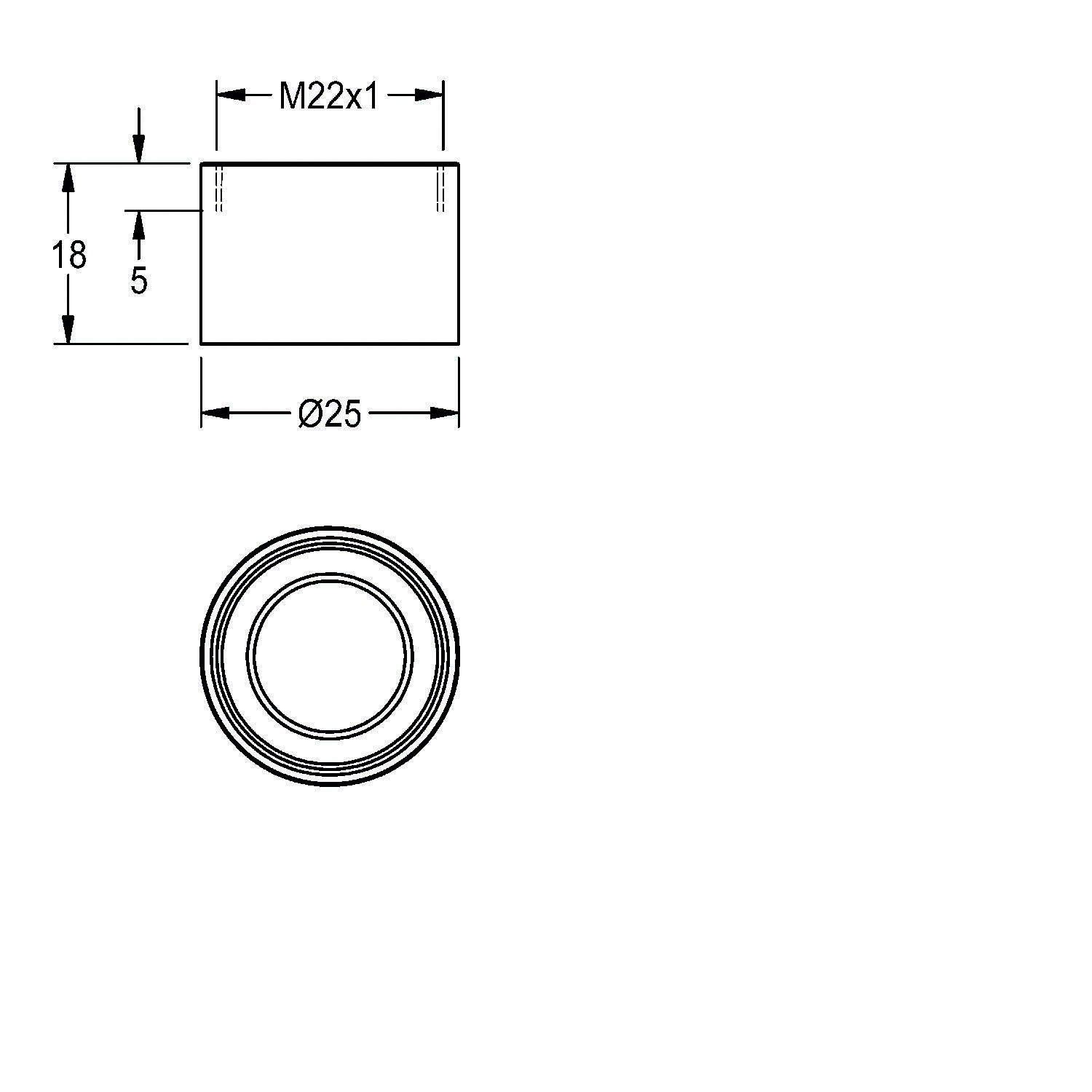 Diagramm eines zylindrischen Objekts mit Abmessungen: Durchmesser Ø25, Höhe 18 und Gewindegröße M22x1. Seiten- und Draufsicht dargestellt.