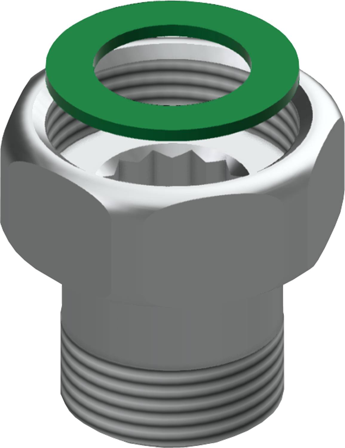 Eine 3D-Renderingdarstellung einer großen silbernen Schraube mit einem grünen sechseckigen Gewindeeinsatz. Die Gewindegänge und Kopfdetails der Schraube sind deutlich sichtbar.