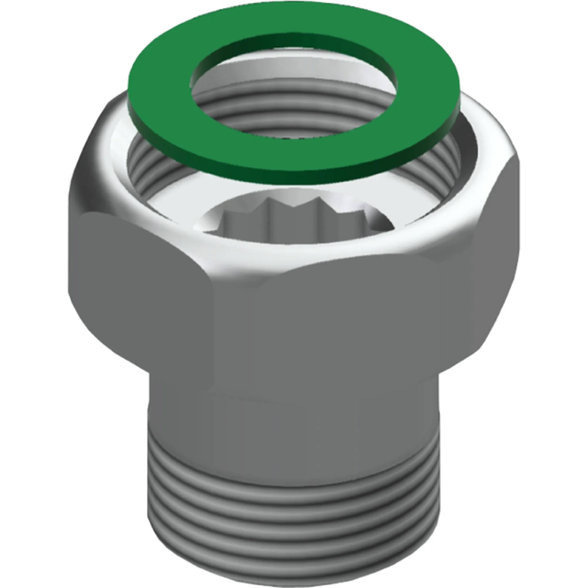 3D-Illustration einer Metallgewindeverbindung mit sechskantiger Körper und grünem Dichtungsring oben.