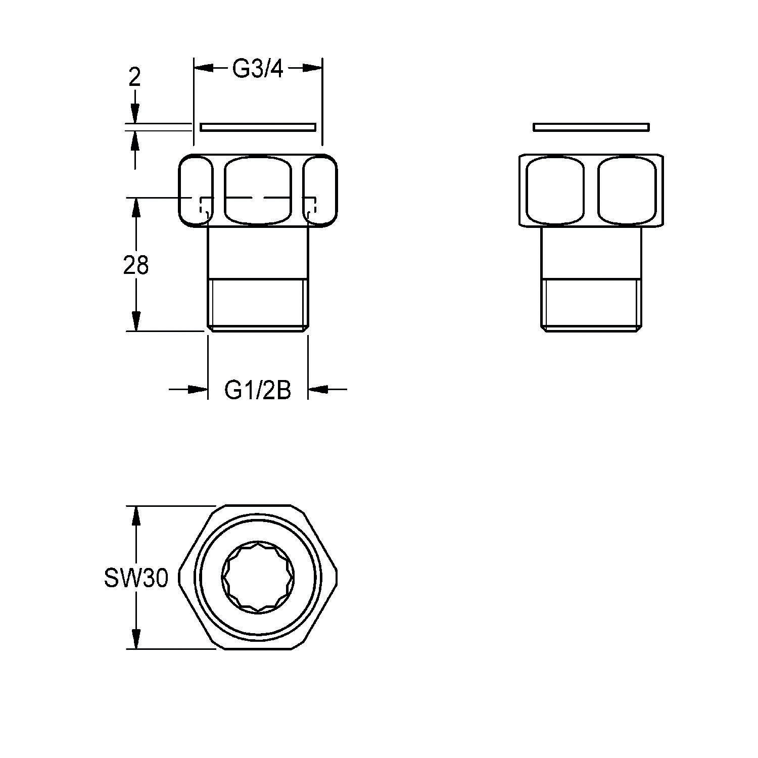 Technische Zeichnung einer Klempnerarmatur mit Maßen: G3/4, G1/2B, 28 mm Höhe, 2 mm Gewindesteigung. Ansichten von oben, vorn und der Seite dargestellt.