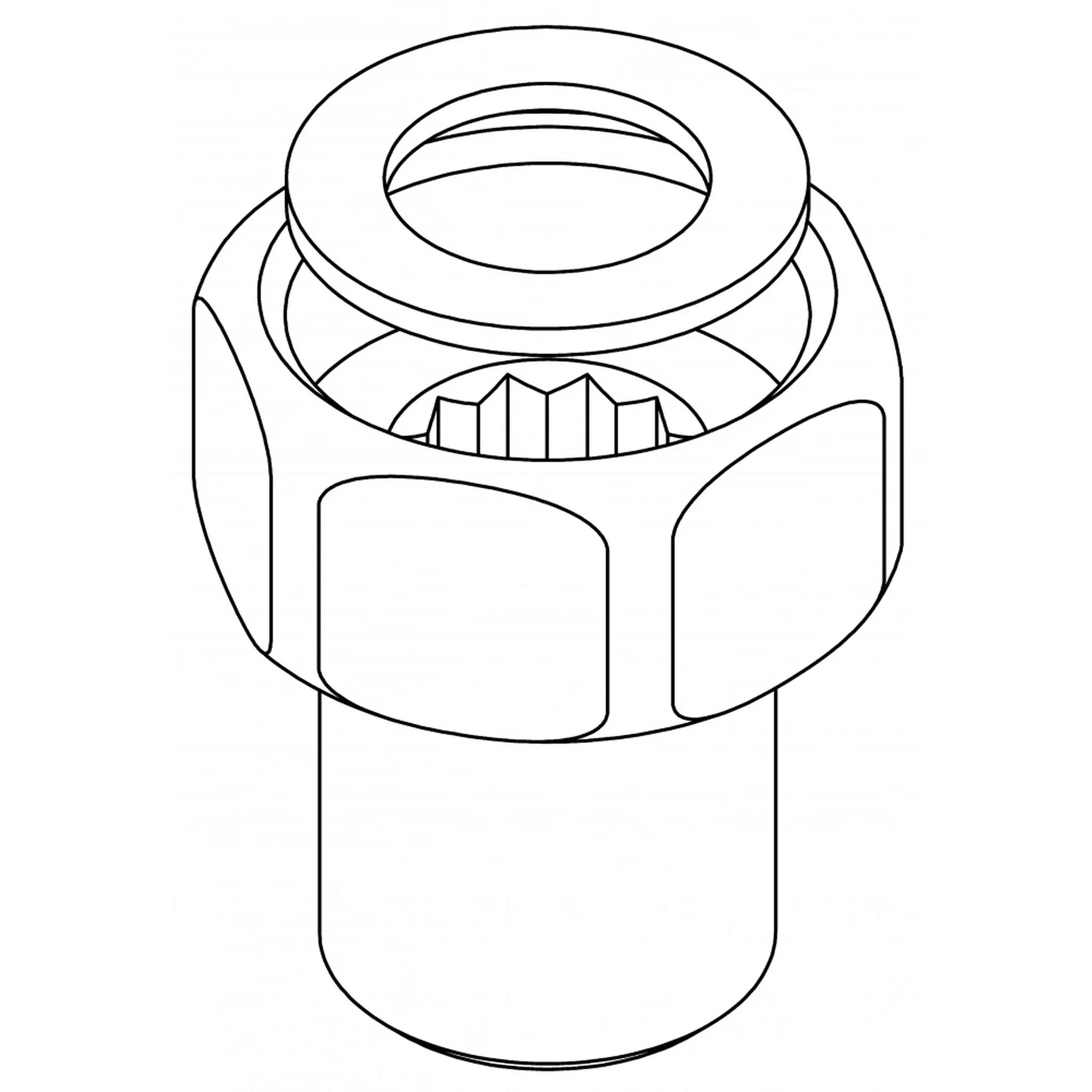Linienzeichnung einer Sechskantmutter mit Flanschbasis und zentralem Gewindeloch, in perspektivischer Darstellung.