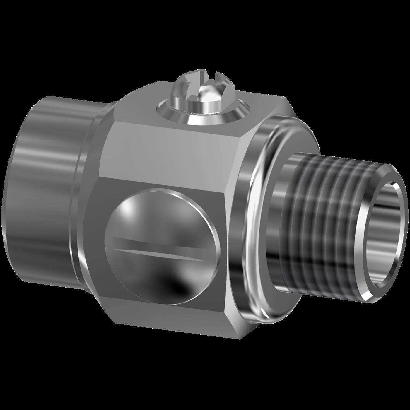 Metallrohr-Fitting-Adapter mit sechskantigem Gehäuse, Schlitzschraubenkopf und männlichem Gewindelende auf schwarzem Hintergrund.