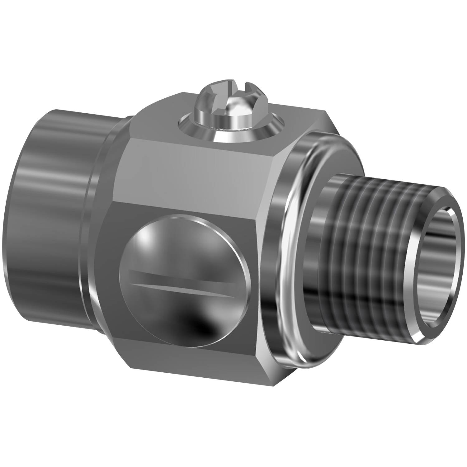 Ein metallischer, sechseckiger Bolzen mit einem Gewinde am Ende und einer glatten, kreisförmigen Kappe; verwendet in mechanischen oder sanitären Anwendungen.