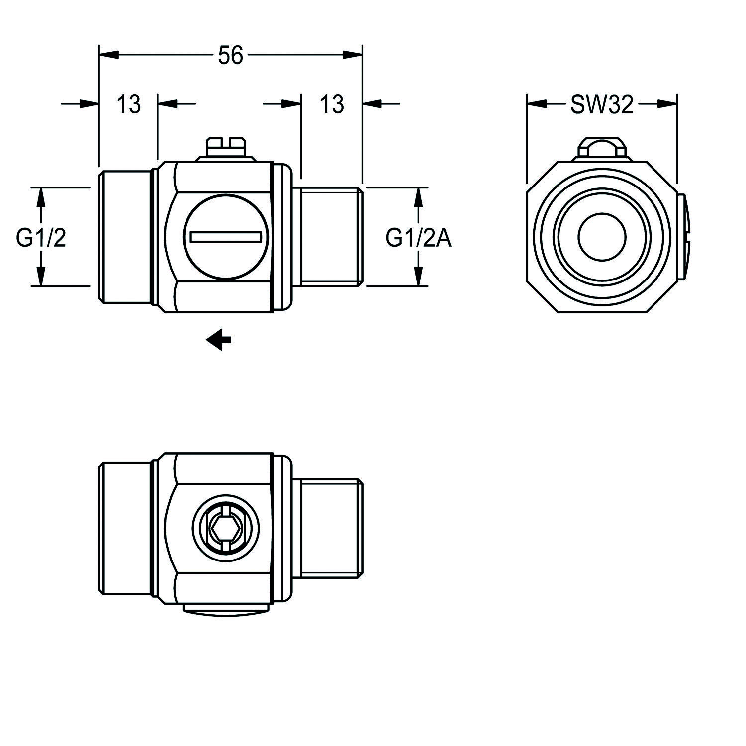 Technische Zeichnung eines Ventil-Anschlusses. Zeigt Abmessungen: 56 mm Breite, G1/2- und G1/2A-Gewinde. Beinhaltet Front- und Seitenansicht.