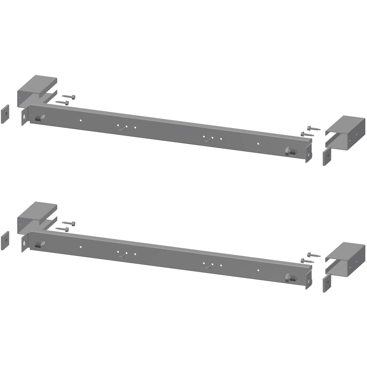 Zwei graue metallische Linearschienensysteme, horizontal ausgerichtet auf einem schwarzen Hintergrund, jeweils mit Schiene und Gleitblockkomponenten.