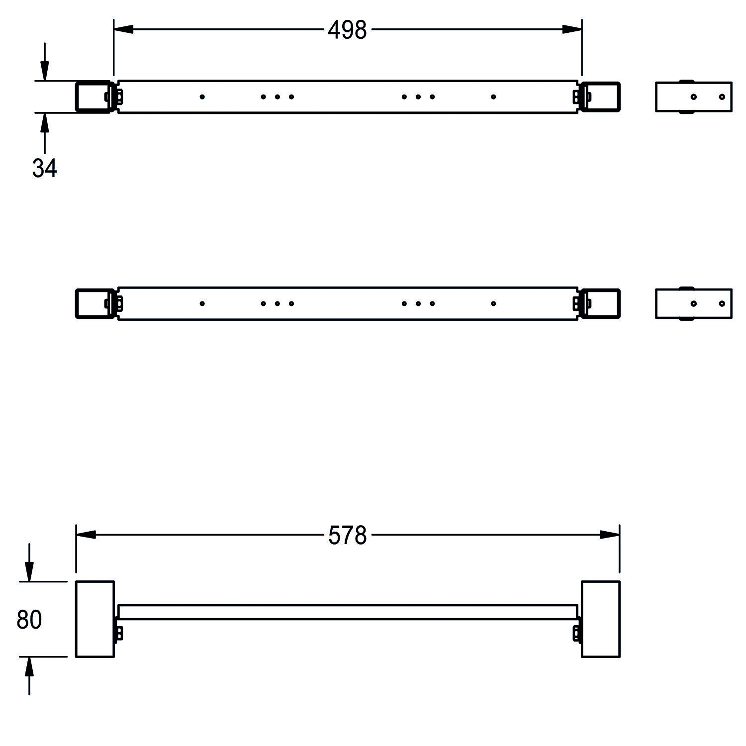 Technische Zeichnung mit den Abmessungen zweier Balken. Oberer Balken ist 498 mm breit und 34 mm hoch. Unterer Balken ist 578 mm breit und 80 mm hoch.