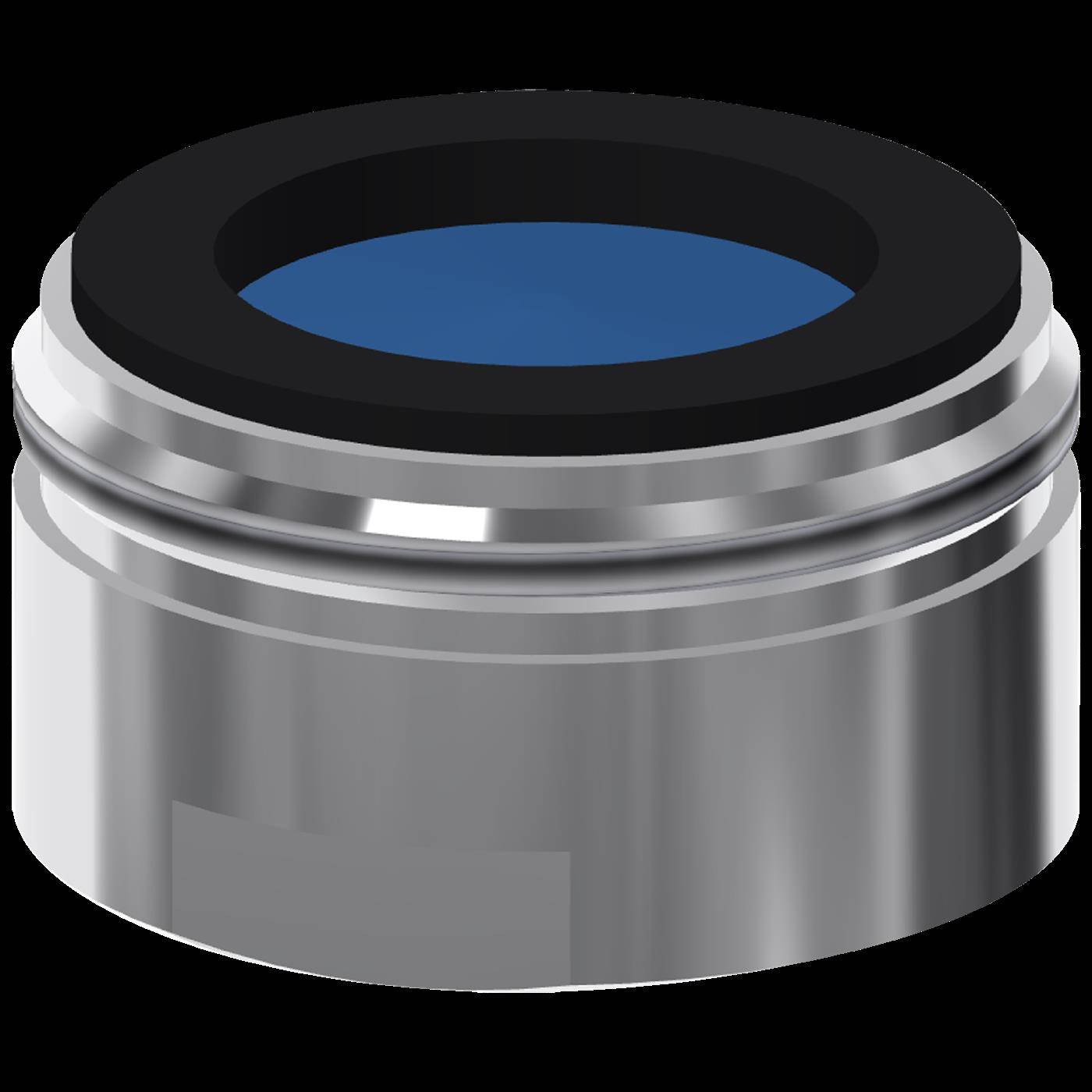 Metallischer zylindrischer Kolben oder Motorkomponente mit schwarzem oberen Ring und blauem Mittelteil, gezeigt auf einem einfachen Hintergrund.