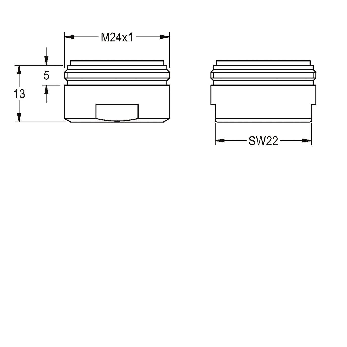 Technische Zeichnung eines kleinen Gewindezylinders, gekennzeichnet mit M24x1, 13 und 5 in der Höhe, mit SW22 Breite.