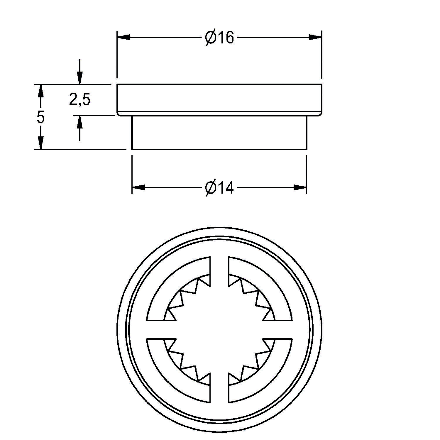 Technische Zeichnung einer kreisförmigen Metallkappe. Draufsicht zeigt einen Durchmesser von 14 mm mit dreieckigen Zähnen, Seitenansicht zeigt eine Höhe von 5 mm und einen Außendurchmesser von 16 mm.