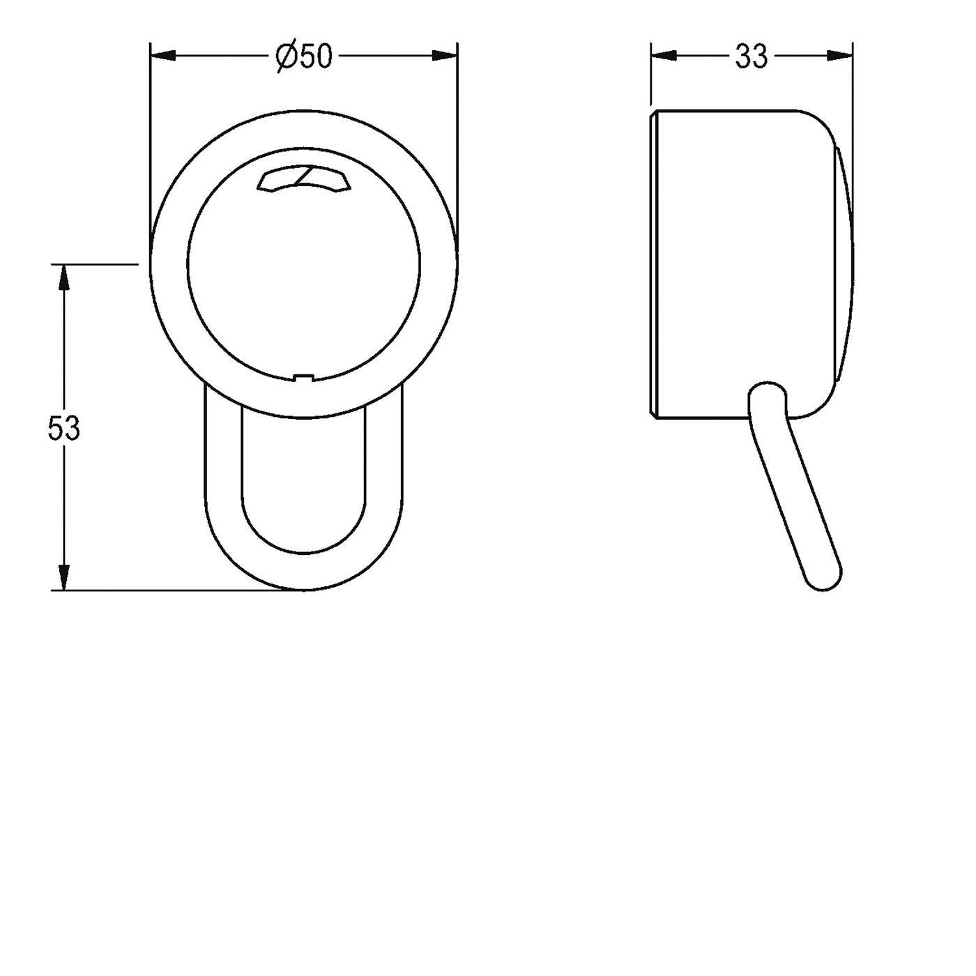 Technische Zeichnung eines runden Knopfs oder Verschlussgriffs, die Vorder- und Seitenansicht mit Abmessungen zeigt: 50 mm Durchmesser, 53 mm Höhe, 33 mm Tiefe.