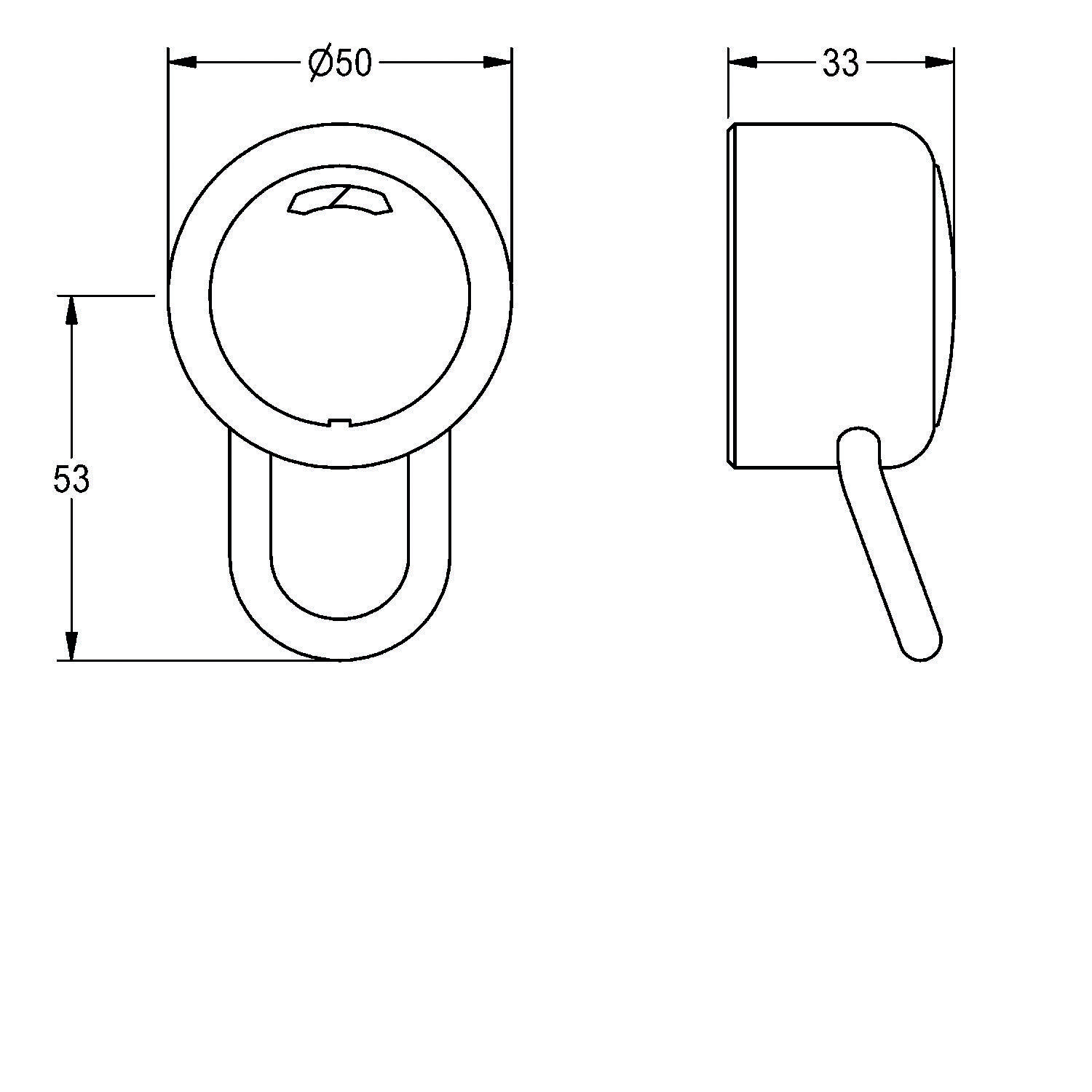Diagramm eines Wandhakens mit Abmessungen: Frontansicht zeigt 50 mm Breite, Seitenansicht zeigt 33 mm Tiefe, Gesamthöhe beträgt 53 mm.