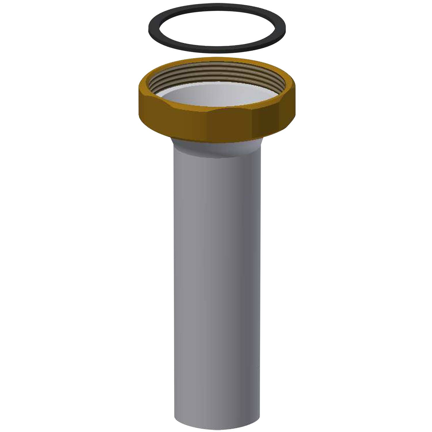 Eine 3D-Renderung einer Klempnerrohrleitung mit einem Messinganschluss und einer schwarzen Gummidichtung, die oben aufgesetzt ist.