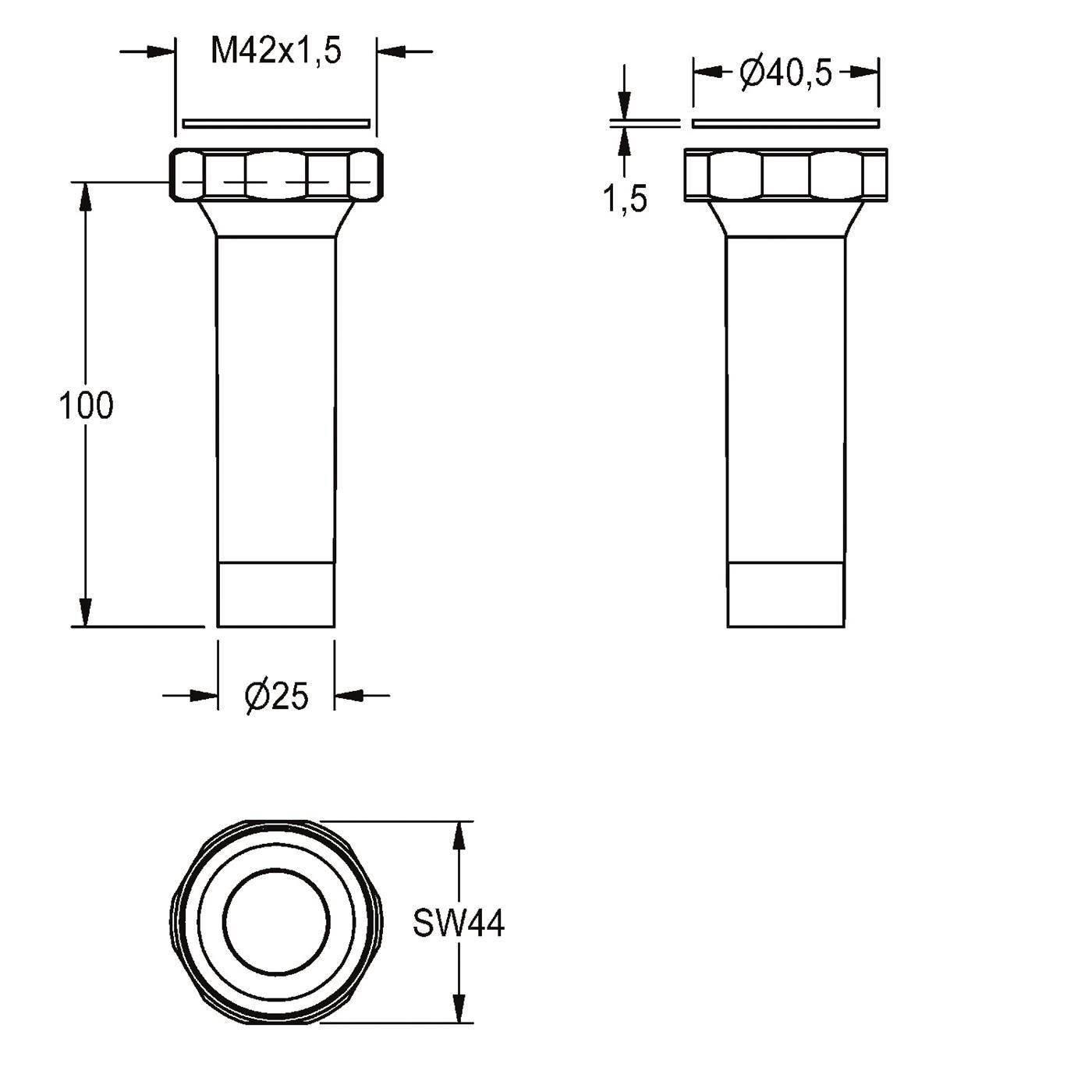Technische Zeichnung eines Sechskantschraube: M42x1,5 Gewinde, 100 mm Länge, 25 mm Schaftdurchmesser, 40,5 mm Kopfdurchmesser, SW44 Schlüsselweite.