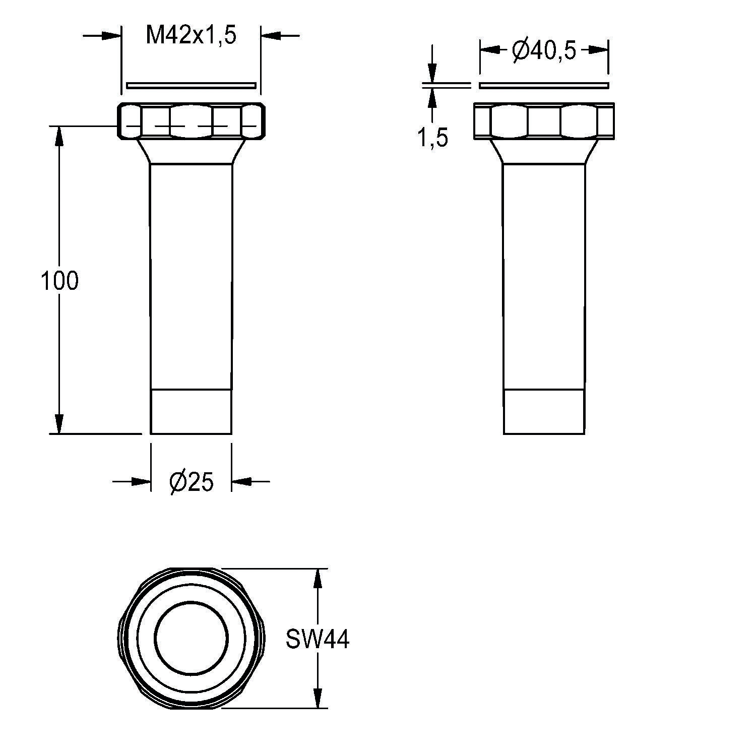 Technische Zeichnung eines Bolzens mit einer Hauptlänge von 100 mm, Gewindemaßen M42x1,5, Durchmesser 40,5 mm und einer Schlüsselweite von 44 mm.