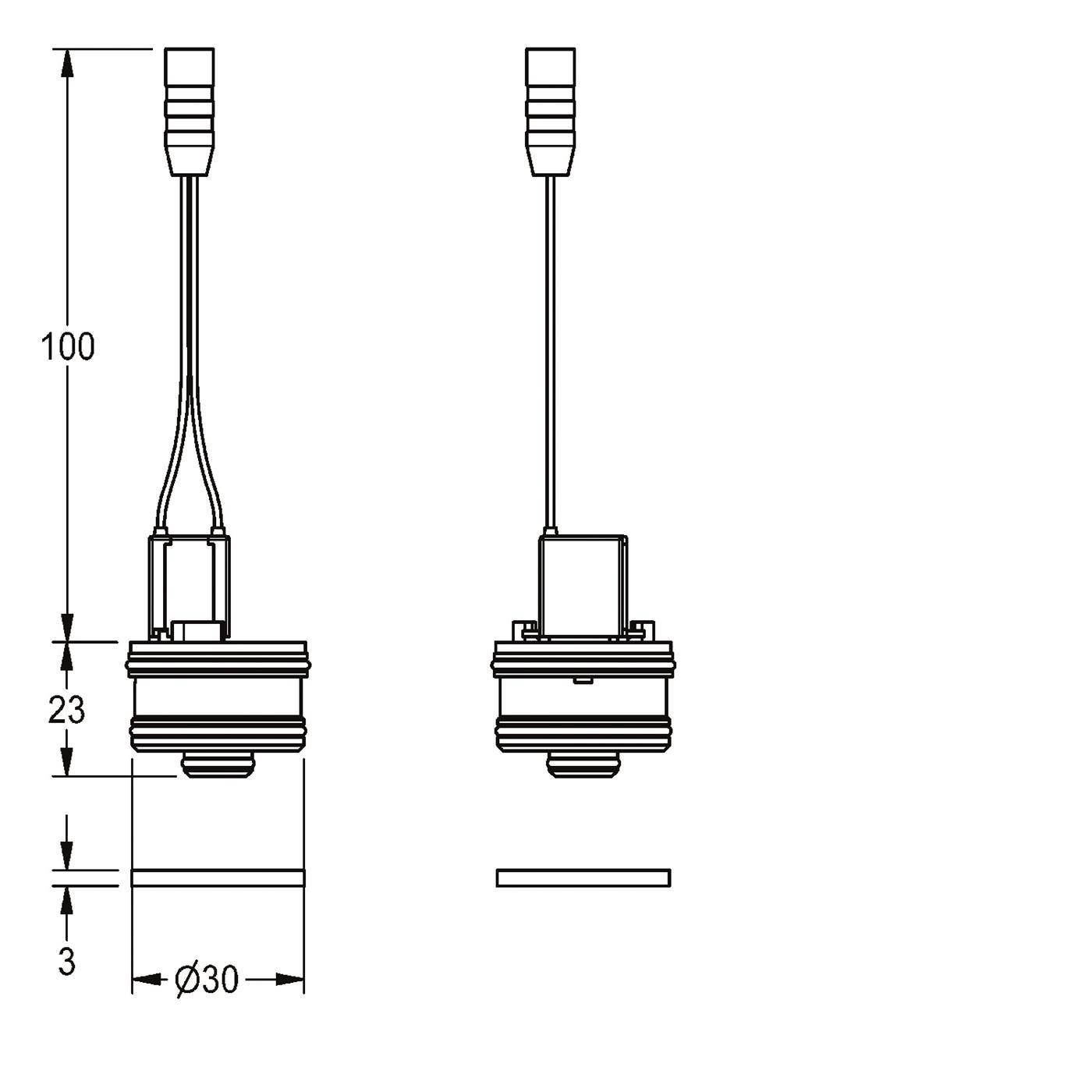 Technische Strichzeichnung einer zylindrischen Komponente, dargestellt in zwei Ansichten, mit Abmessungen: 100 Höhe, 23 Schnitthohe, 3 Basisdicke und 30 mm Durchmesser.