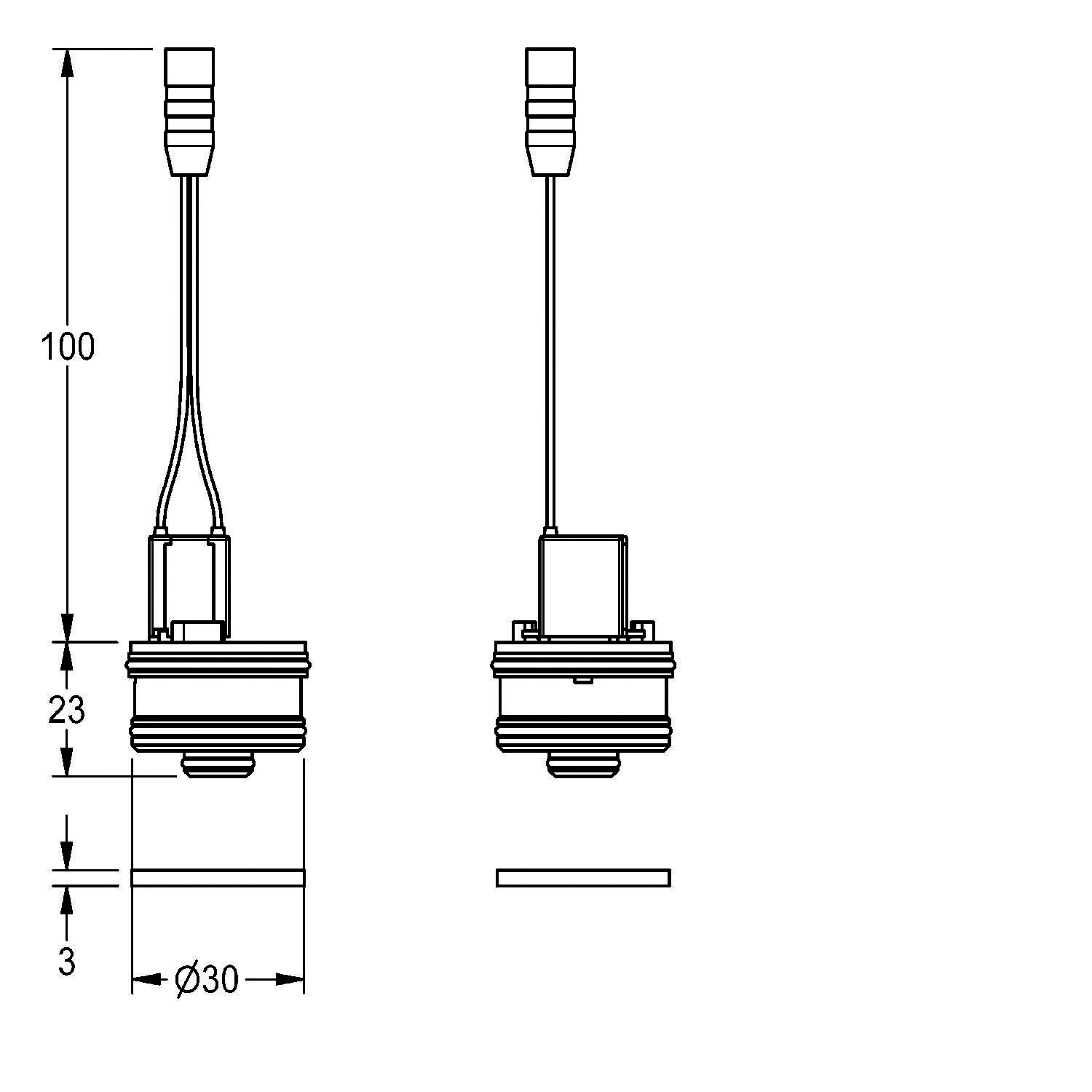 Technische Zeichnung eines zylindrischen Sensors mit Abmessungen: Länge 100 mm, Durchmesser 30 mm. Seiten- und Frontansicht heben das Anschlussdesign hervor.