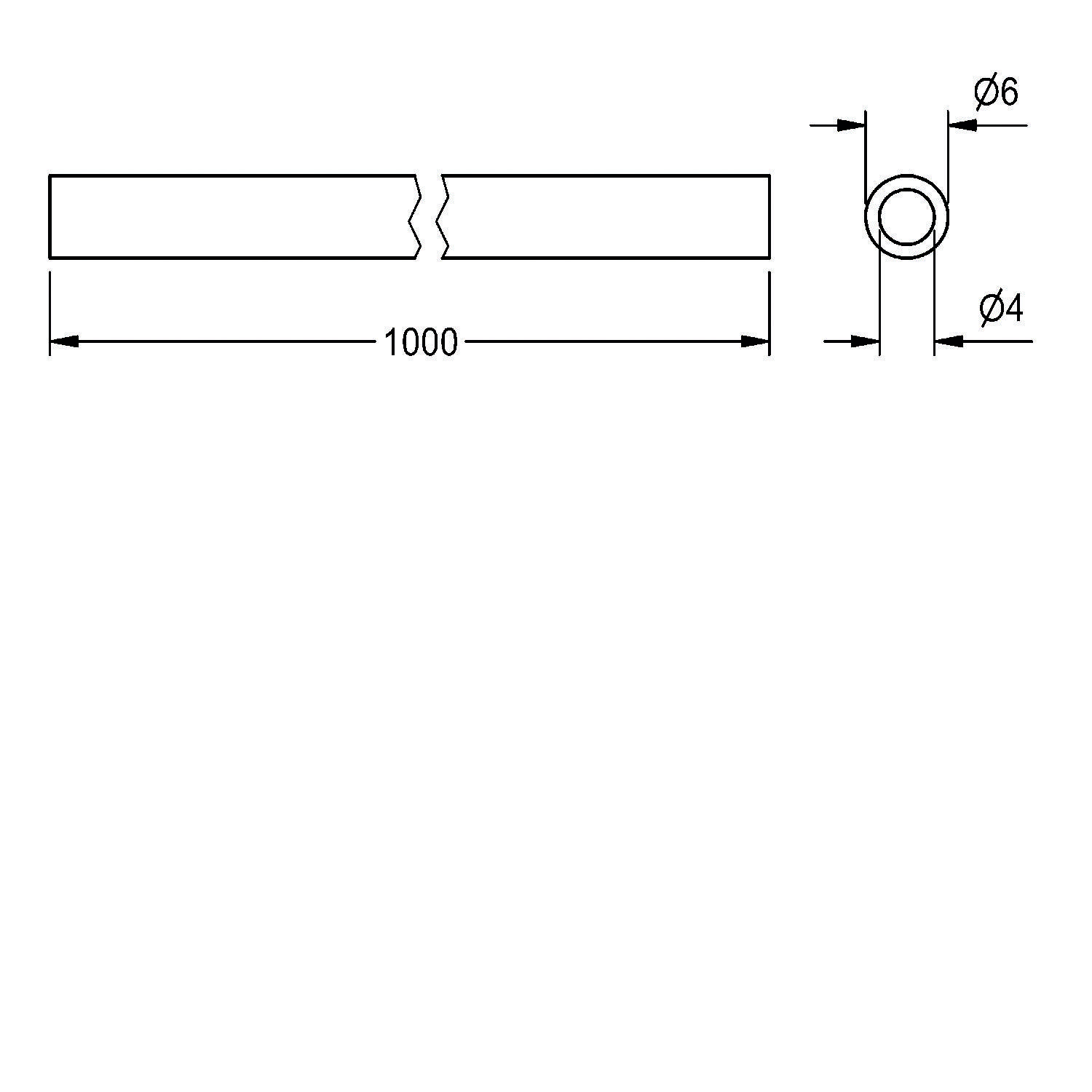 Technische Zeichnung eines zylindrischen Stabes. Länge: 1000 mm, Außendurchmesser: 6 mm, Innendurchmesser: 4 mm.