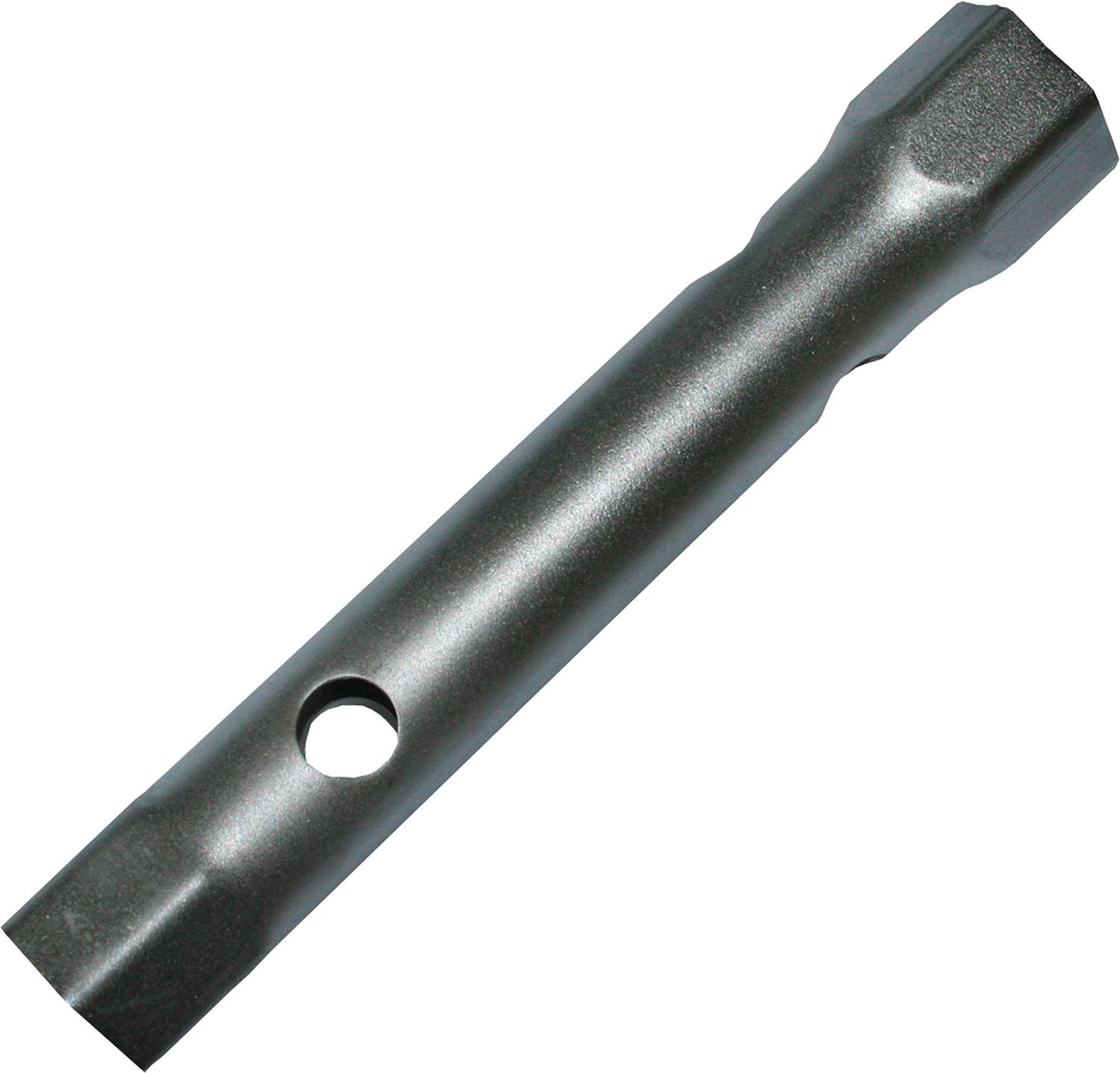 Ein Metallsechskant-Steckschlüssel mit einer kreisrunden Öffnung, der zum Anziehen oder Lösen von Muttern und Schrauben verwendet wird, vor einem schwarzen Hintergrund isoliert.