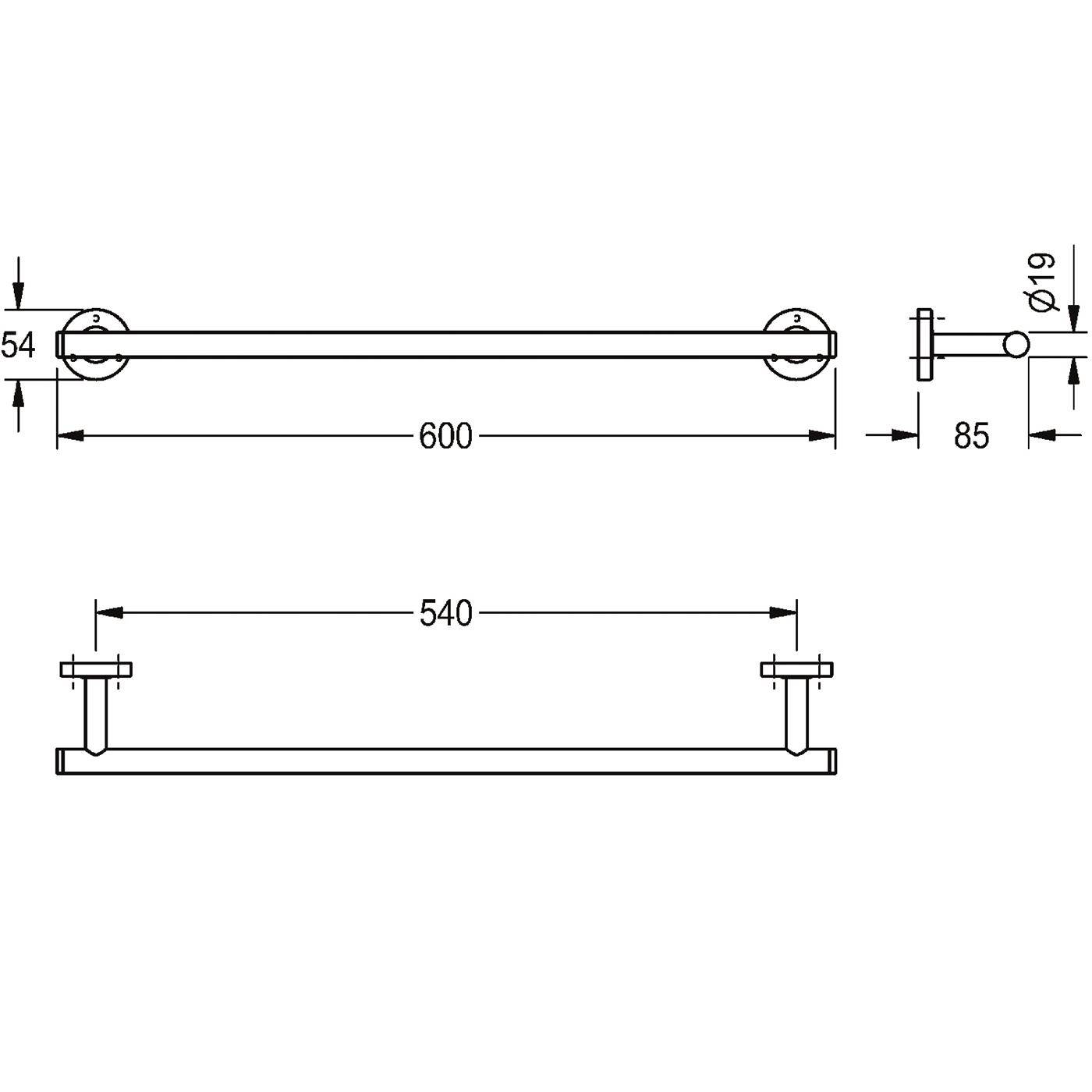 Technische Zeichnung eines geraden Griffs oder einer Stange mit Befestigungspfosten, mit Abmessungen von 600 mm Länge, 540 mm Abstand, 54 mm Höhe, 85 mm Versatz und Ø19 Durchmesser.