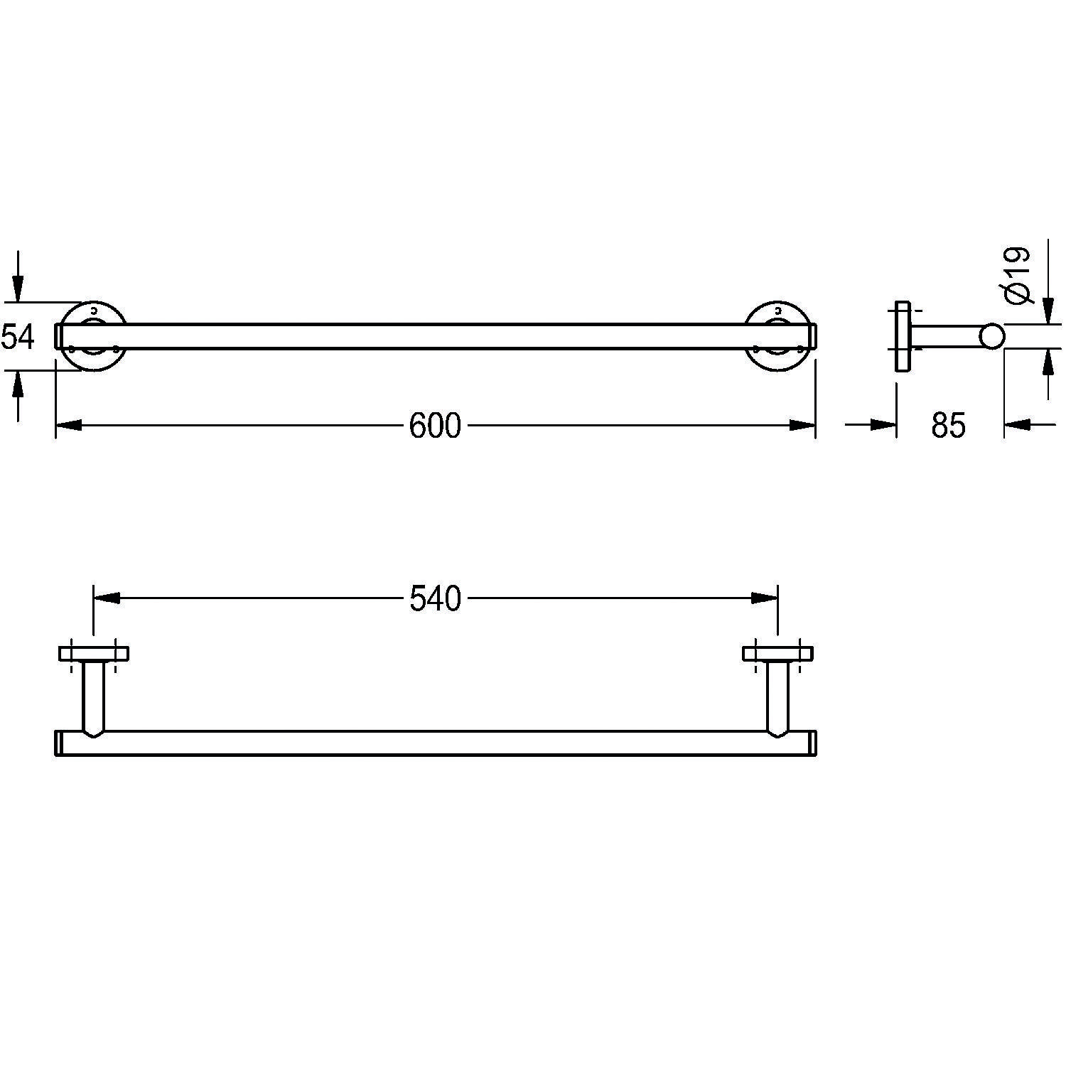 Diagramm einer Handtuchstange mit Maßen: 600 mm breit, Endhalterungen 54 mm Durchmesser, ragt 85 mm von der Wand ab, Halterungen 540 mm voneinander entfernt.