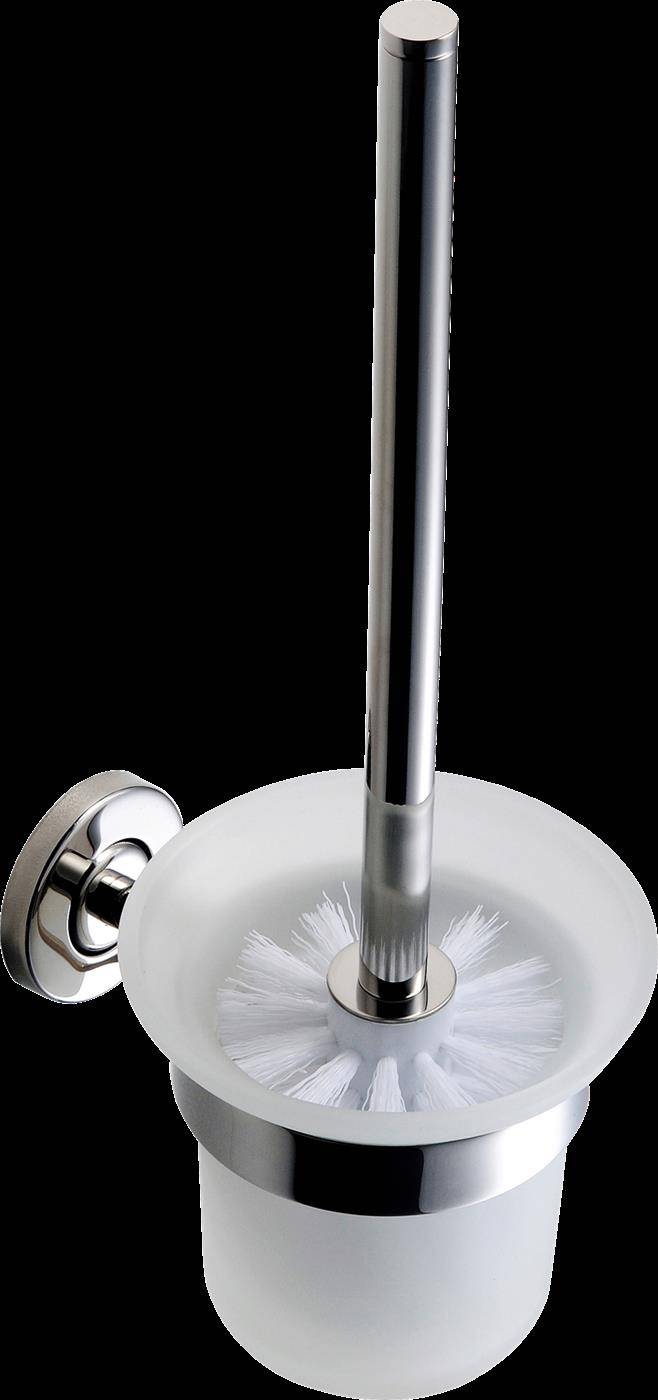 Chromtoilettenbürste mit Halter und abnehmbarem seitlich angebrachtem Deckel auf schwarzem Hintergrund.