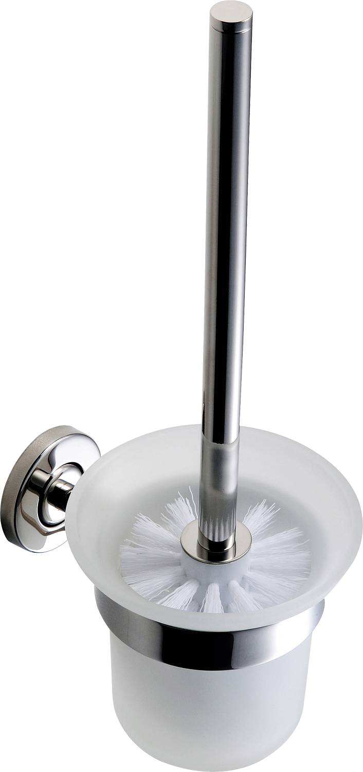 Toilettenbürste in einem an der Wand montierten Halter, mit einem Edelstahlgriff und weißen Borsten, in einem schalenförmigen Behälter platziert.