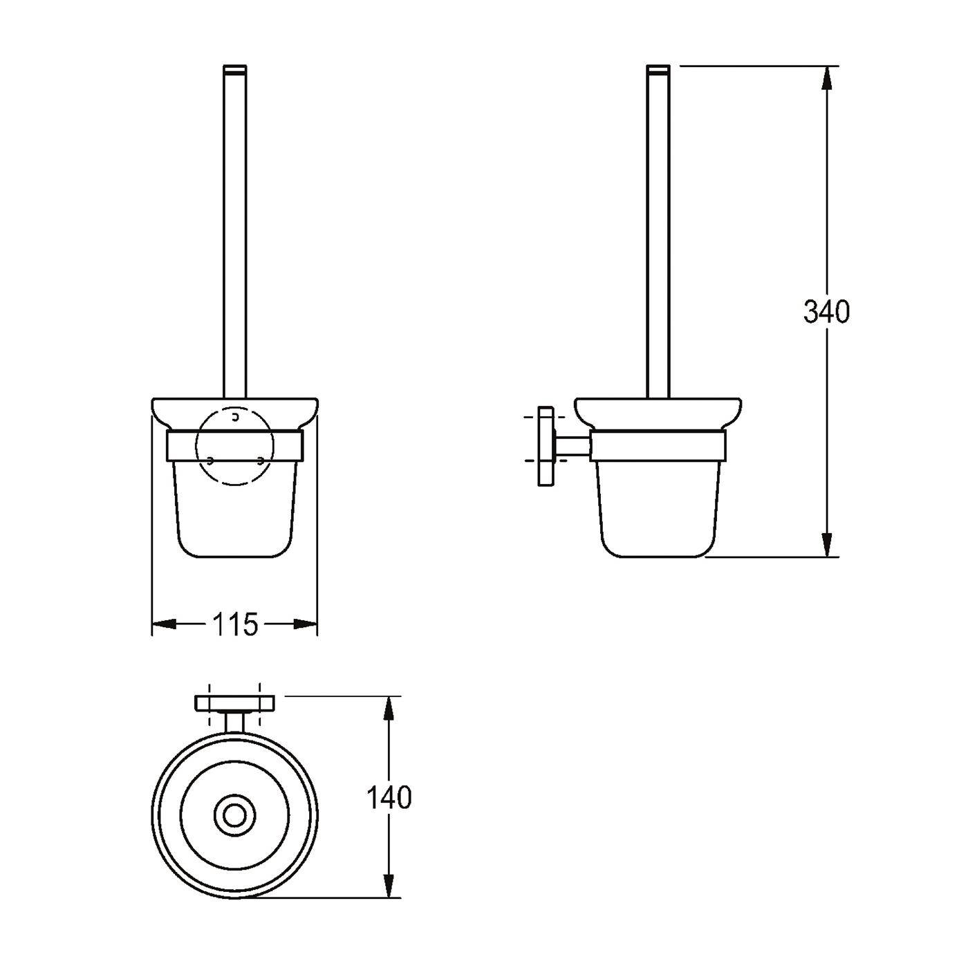 Technische Zeichnung einer Toilettenbürsten-Halterung mit Vorder-, Seiten- und Draufsicht mit Abmessungen von 115 mm Breite, 140 mm Tiefe und 340 mm Höhe.