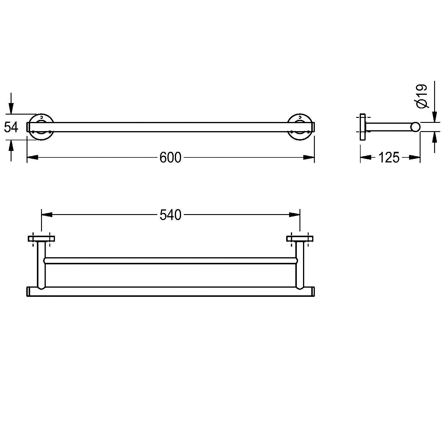 Handtuchhalter-Abmessungen: Länge 600mm, Tiefe 125mm, Montagebasis 54mm, Schienendurchmesser 19mm. Montagedistanz: 540mm.