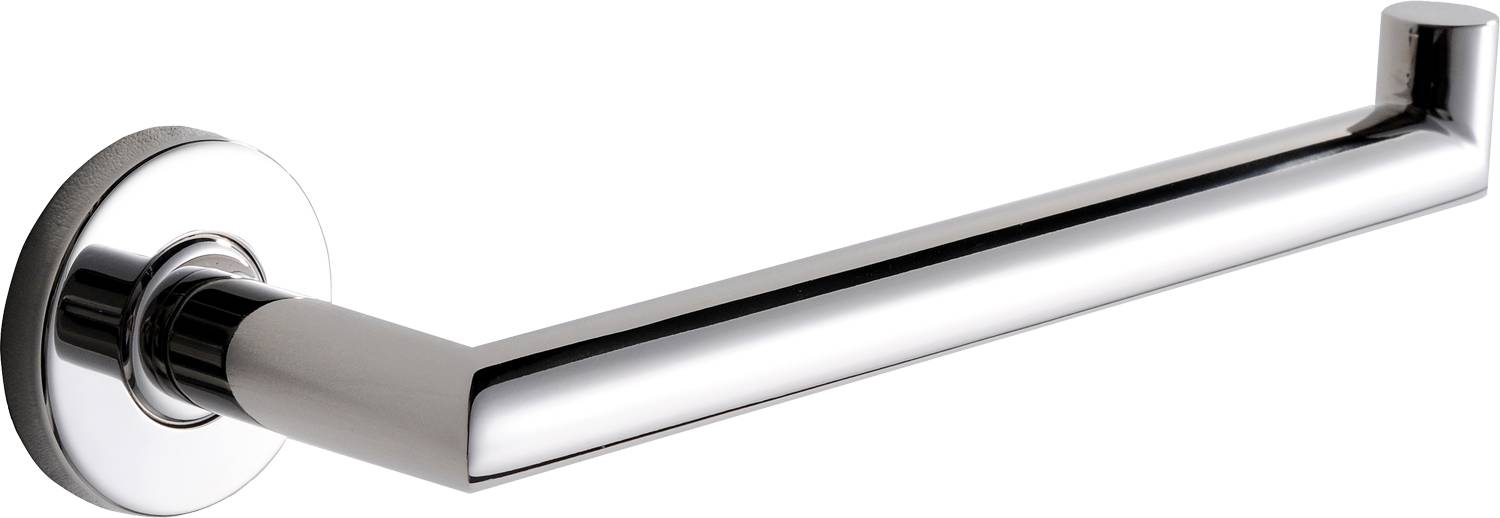 Ein Nahaufnahmebild einer glänzenden Metallröhre, diagonal über einem schlichten weißen Hintergrund positioniert.