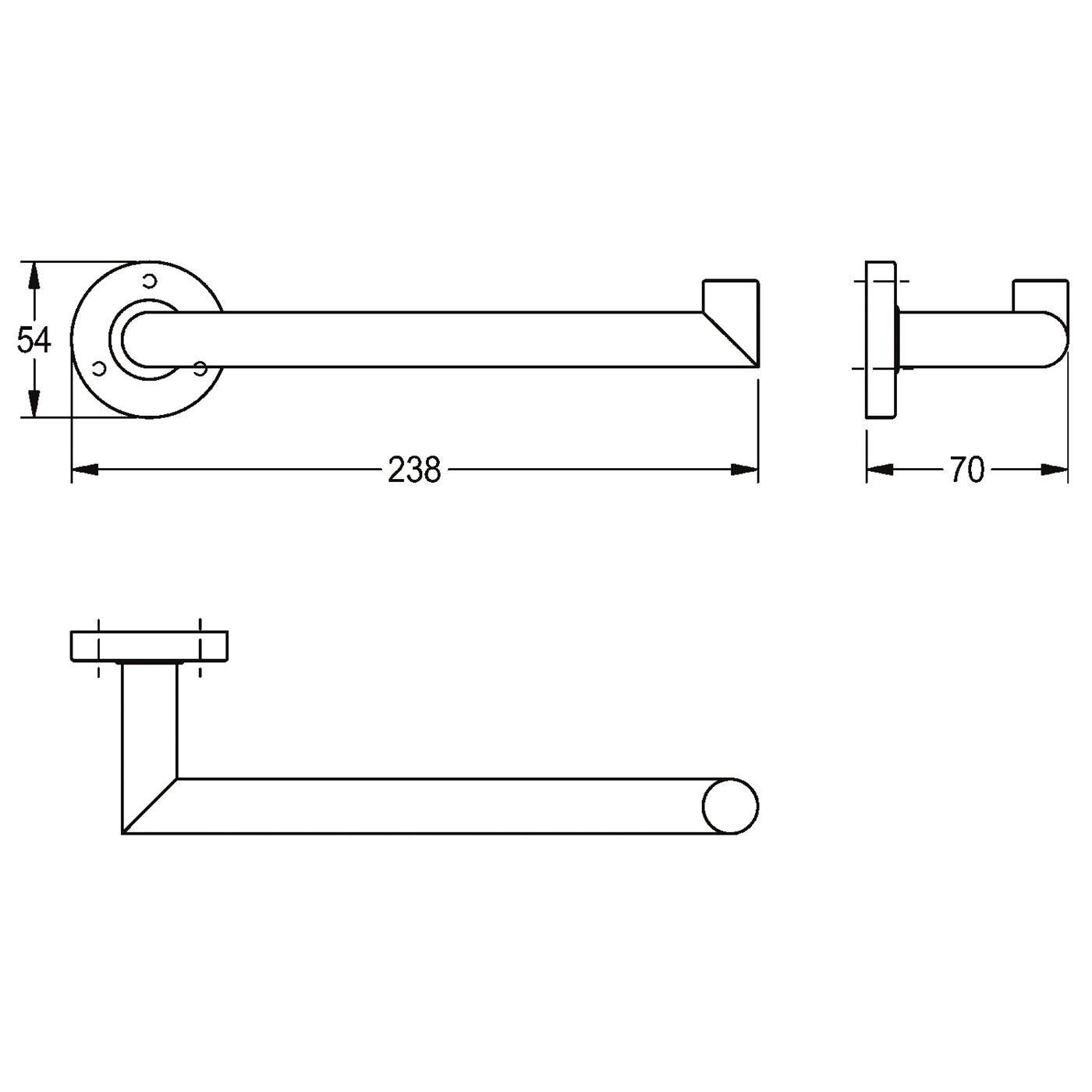Technische Strichzeichnung eines Türklinkengriffs mit Abmessungen: 238 mm lang, 70 mm tief, 54 mm Durchmesser Rosette, dargestellt in Seiten- und Draufsicht.