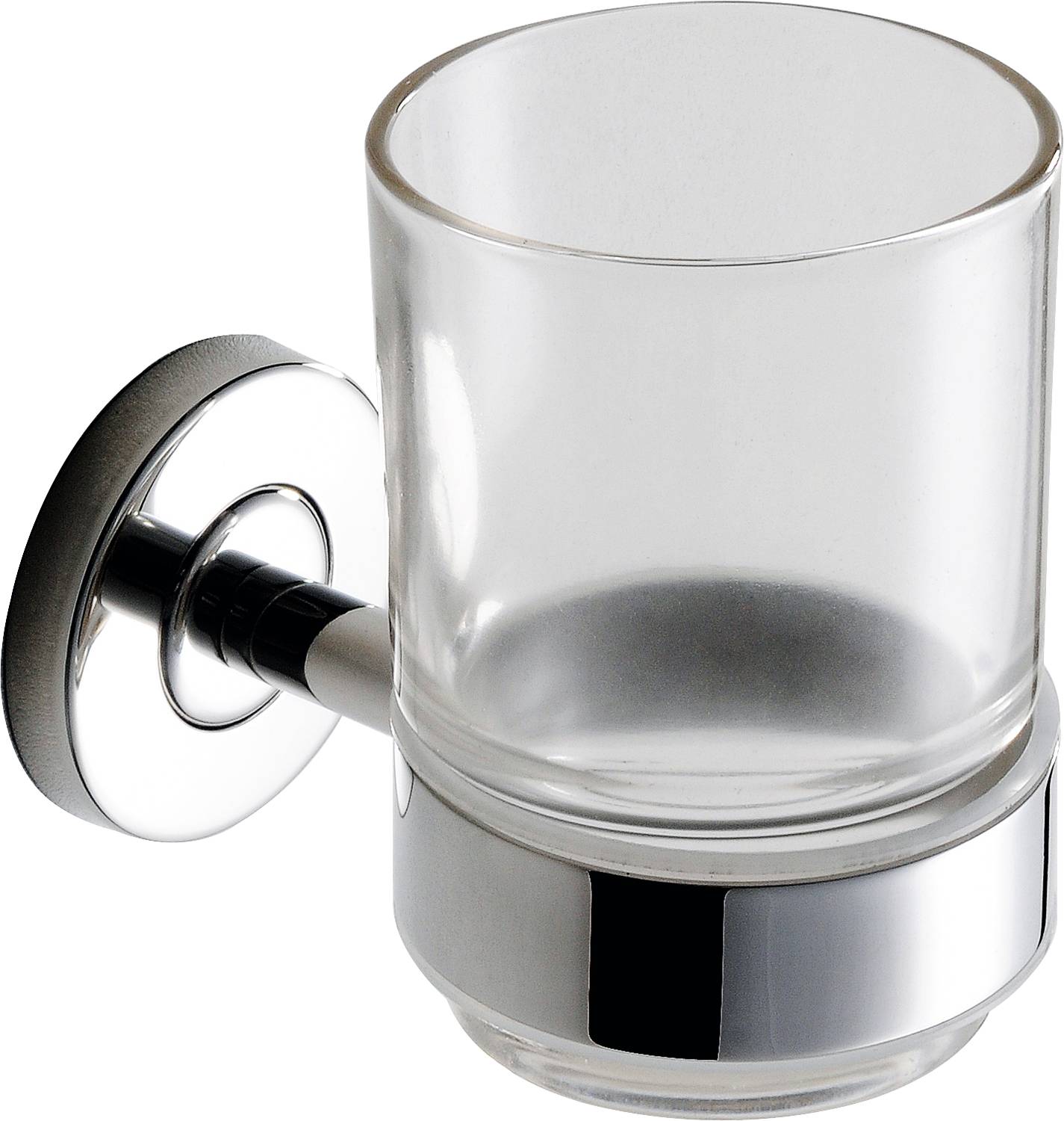 Wandmontierter Glashalter mit Chromfinish, der einen klaren Glasbecher hält.
