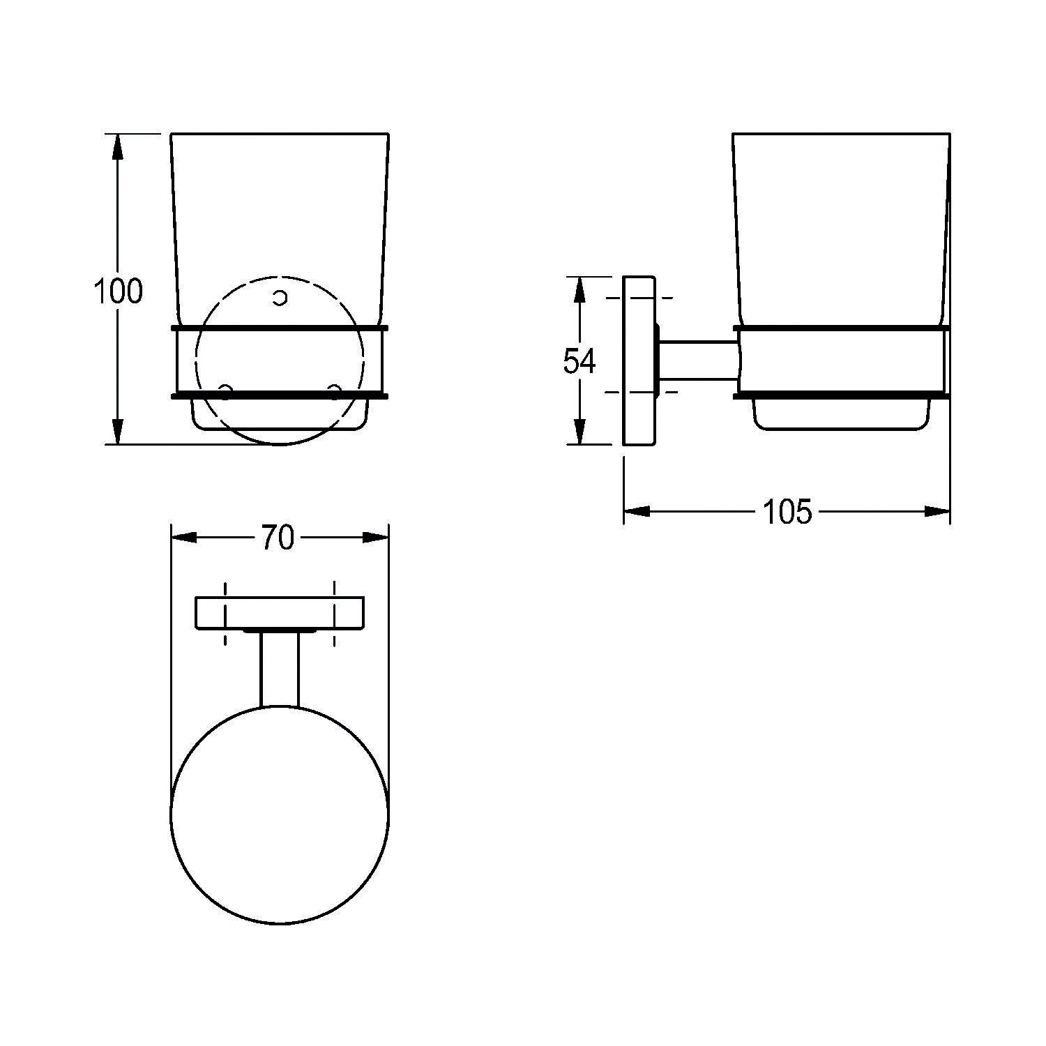 Technische Zeichnung eines wandmontierter Becherhalters mit Abmessungen; Höhe: 100 mm, Tiefe: 105 mm, und Basisdurchmesser: 70 mm.