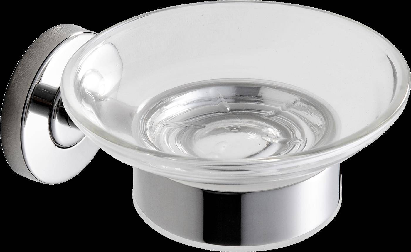 Transparente Glasseifen-Schale auf einem verchromten Wandhalter vor schwarzem Hintergrund montiert.