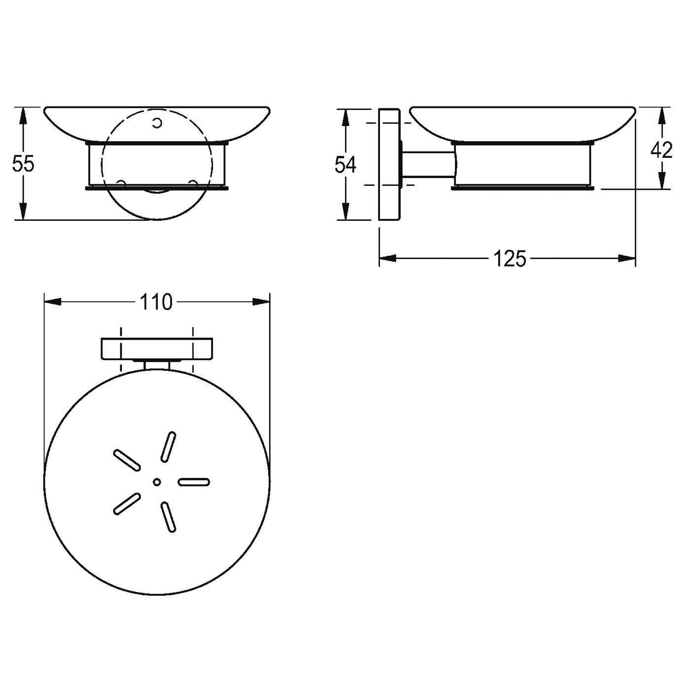Maßstabsgerechte technische Zeichnung einer runden Deckenleuchte mit Vorder-, Seiten- und Draufsicht mit Abmessungen: 110 mm breit, 125 mm lang, 55 mm und 54/42 mm hoch.