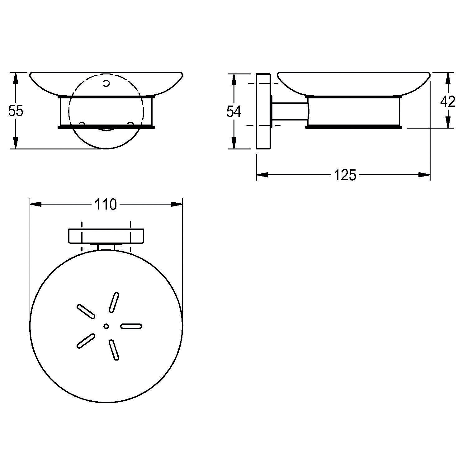 Diagramm einer runden Deckenleuchte mit Querschnittsansicht. Abmessungen: Höhe 54 mm, Breite 110 mm, Tiefe 125 mm und Montagehöhe 42 mm.