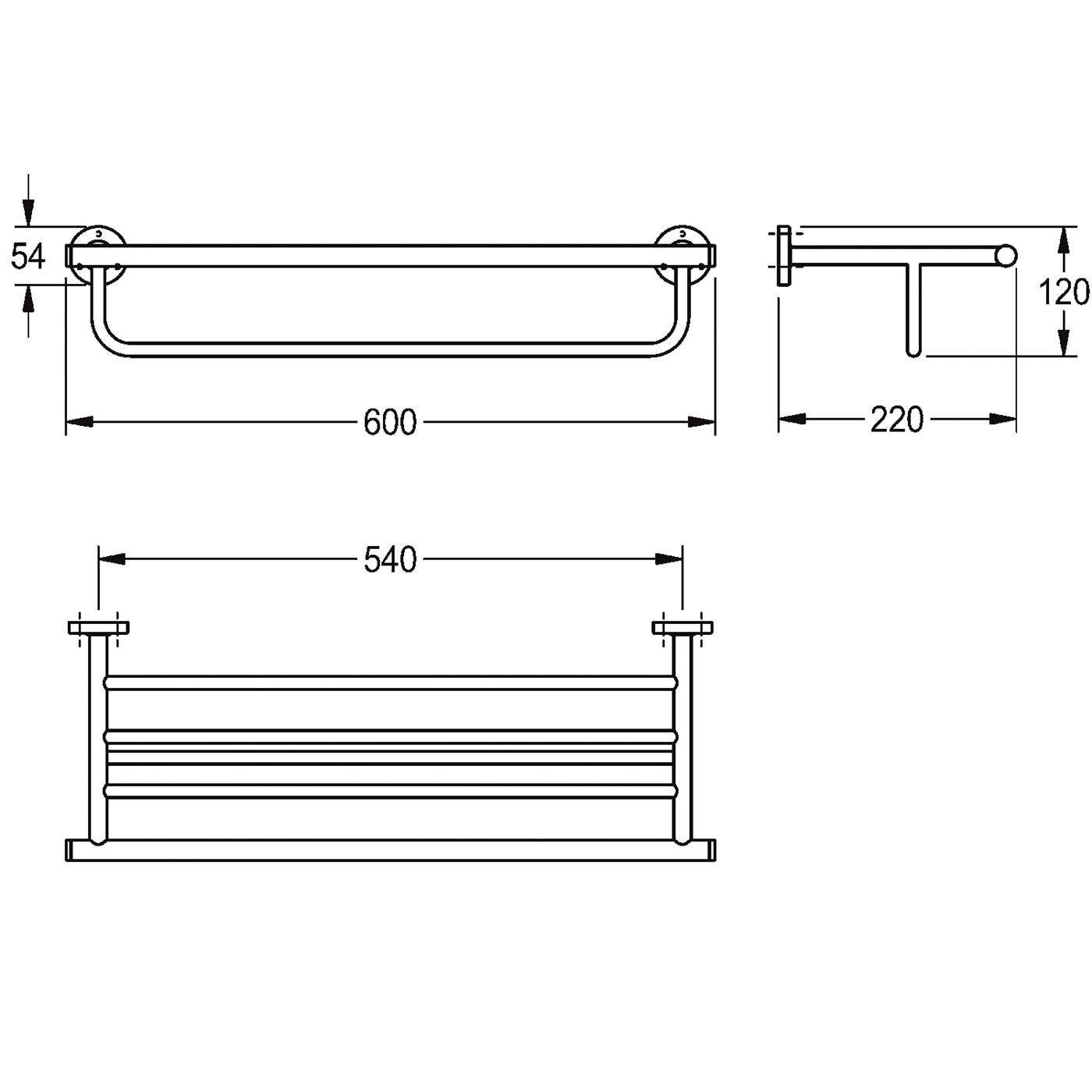 Technische Strichzeichnung einer wandmontieren Handtuchstange mit Abmessungen: 600 mm Breite, 220 mm Tiefe, 120 mm Höhe und 540 mm Halterungsabstand.