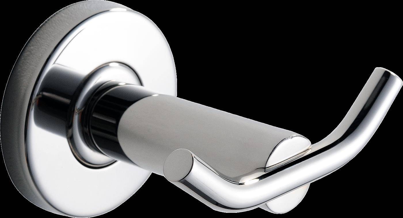 Chrome-Wandhaken mit zwei geschwungenen Armen auf einer runden Rückplatte vor schwarzem Hintergrund.