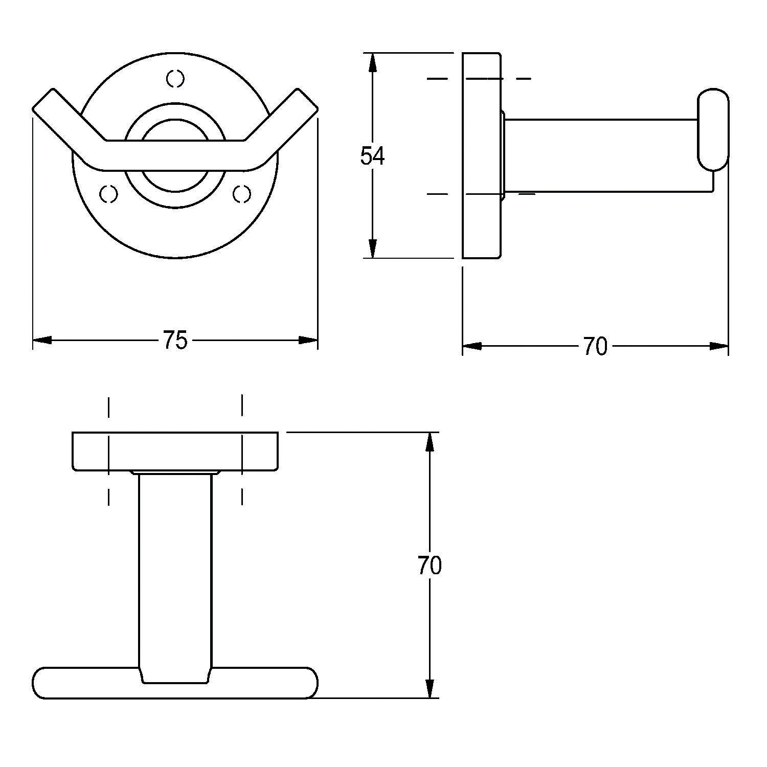 Zeichnung eines wandmontierten Halters mit Abmessungen. Draufsicht zeigt eine runde Basis und einen Haken, Vorderansicht zeigt 70 mm Höhe, 75 mm Breite.