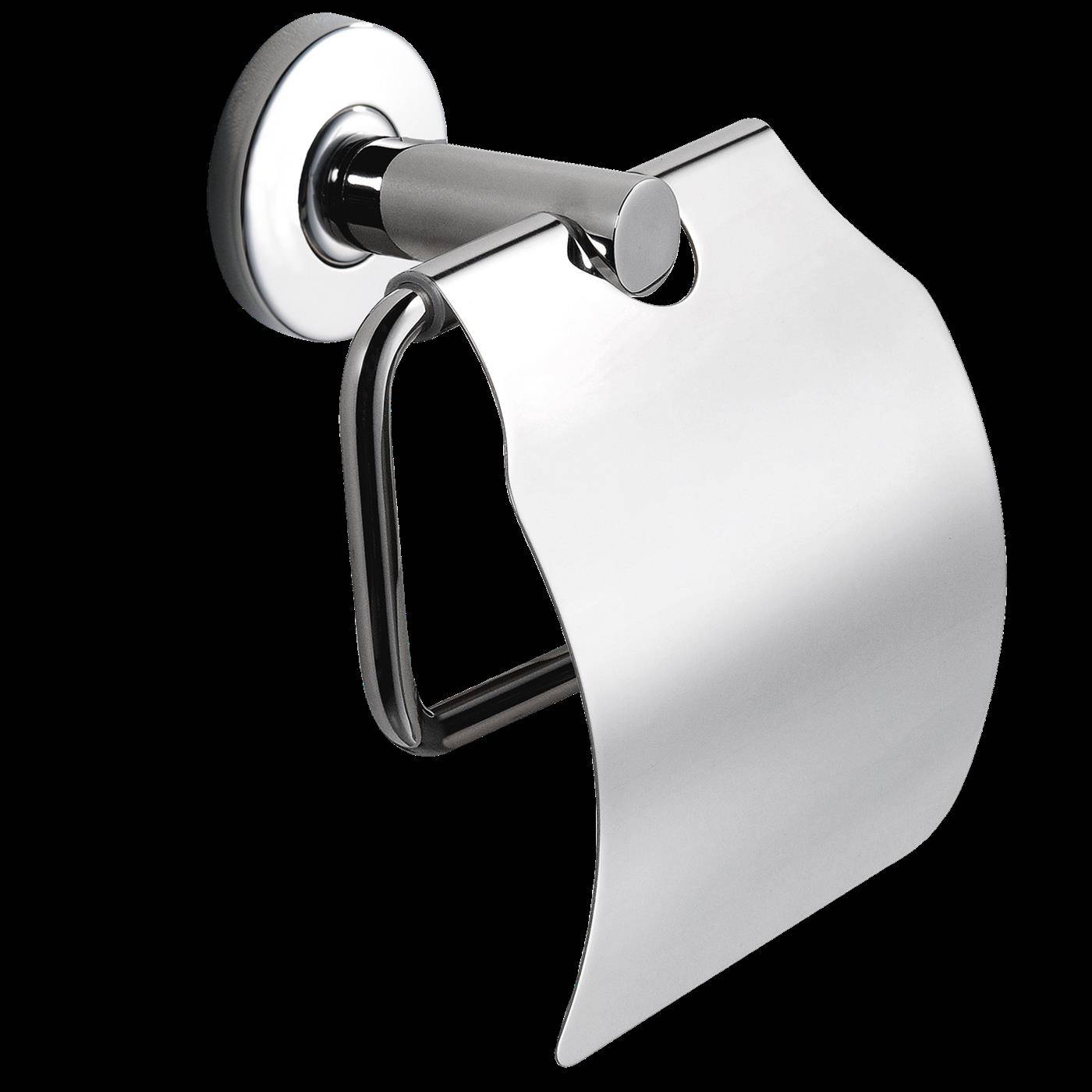 Chromtoilettenpapierhalter mit einer Rolle weißem Gewebe auf schwarzem Hintergrund.