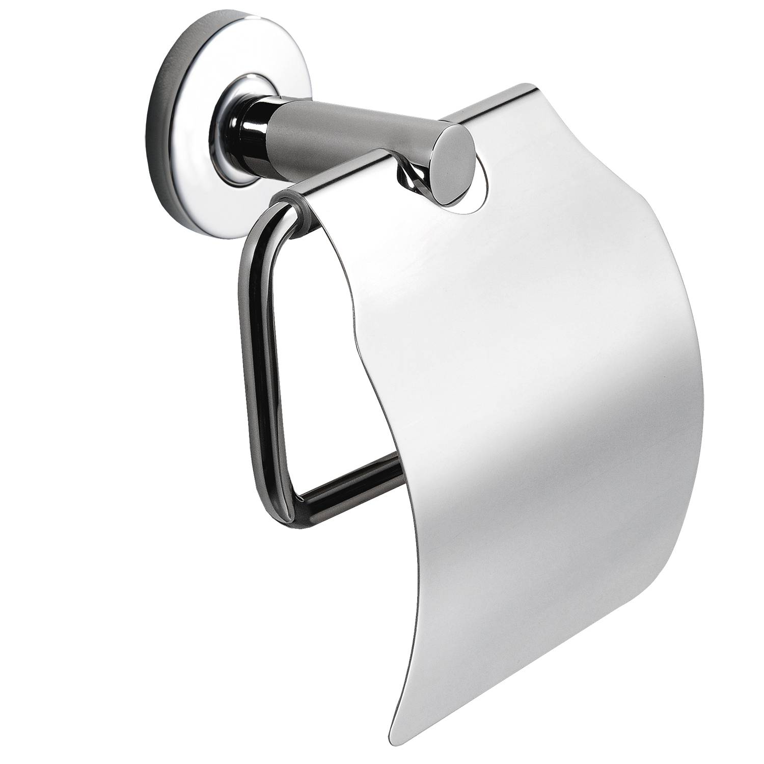 Wandmontierter Toilettenpapierhalter aus Edelstahl, modernes Design, präsentiert vor einem schwarzen Hintergrund.