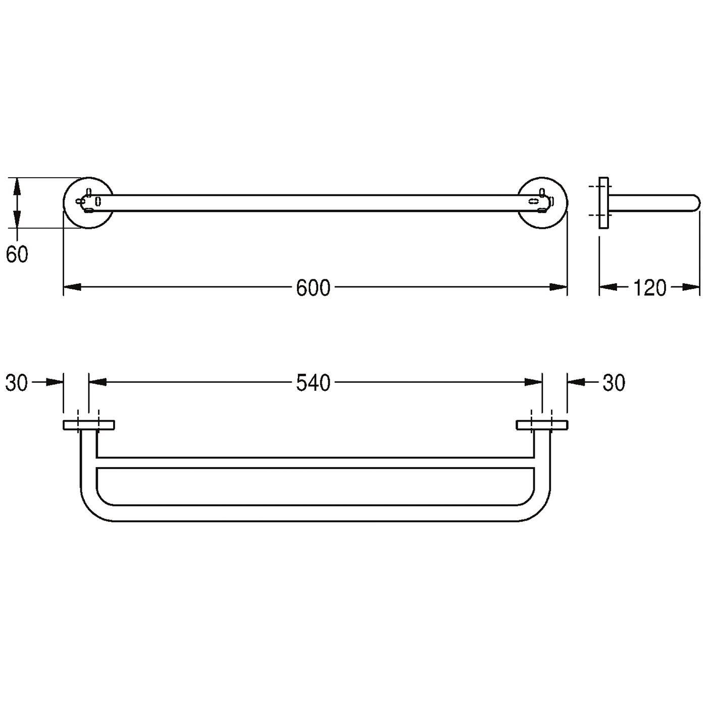 Technische Zeichnung eines U-förmigen Stabes mit Endmontagen, die Abmessungen zeigen 600 mm Länge, 60 mm Höhe, 120 mm Tiefe und 540 mm Spannweite.