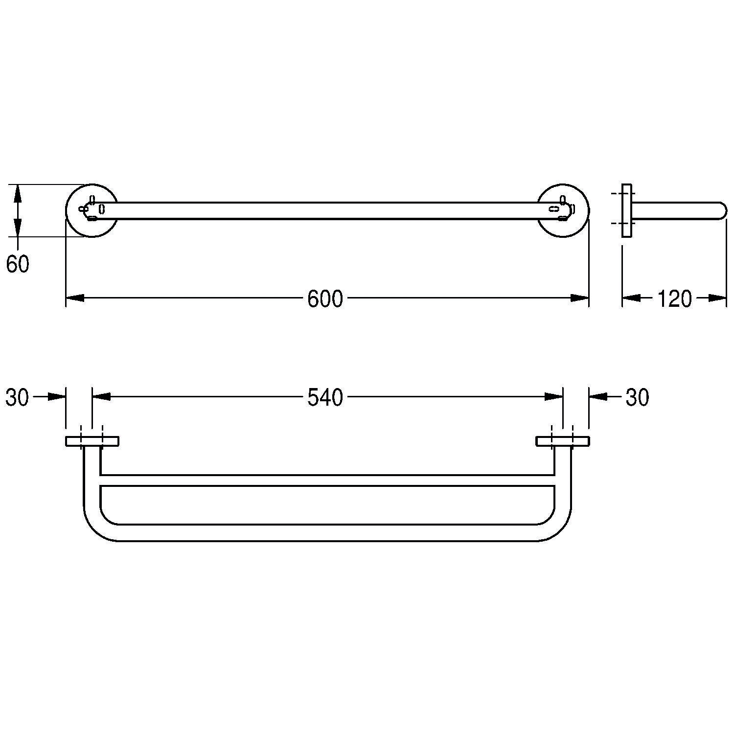 Diagramm zur Darstellung der Abmessungen eines Handtuchhalters: 600 mm Gesamtlänge, Bügelbefestigungsabstände von 60 mm und 120 mm, 30 mm Abstand zwischen Halterung und Stangen.