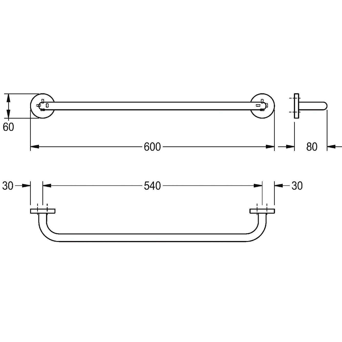 Technische Zeichnung eines geraden Stabgriffs mit zwei Endmontagen, zeigend Abmessungen von 600 mm Länge, 60 mm Höhe, 80 mm Tiefe und eine U-förmige Seitenansicht mit 540 mm Spannweite und 30 mm Versätzen.