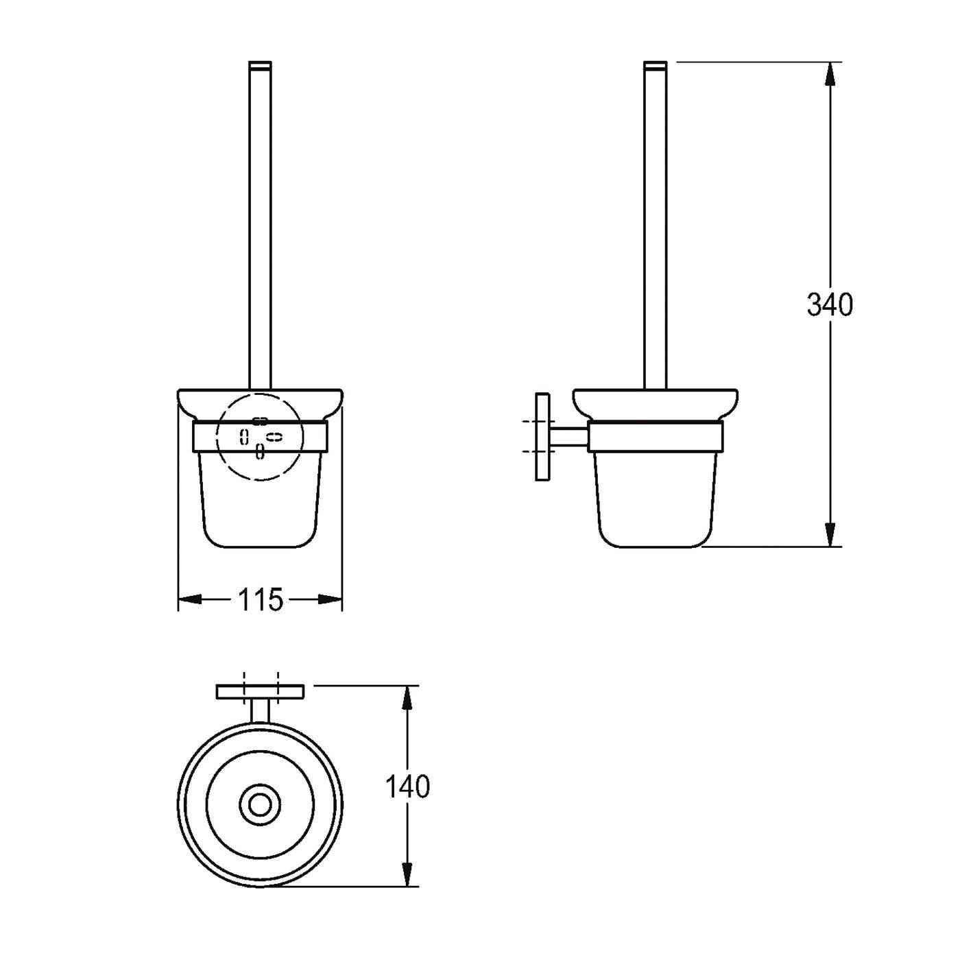 Technische Strichzeichnung einer Toilettenbürsten-Halterung mit den Abmessungen: 115 mm breit, 140 mm tief und 340 mm hoch.